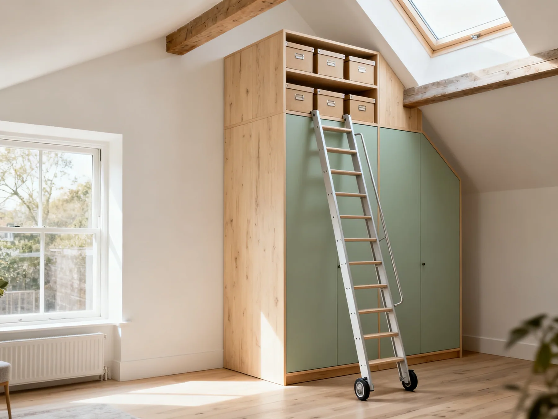 Use the height, and buy the ladder A very tall storage run in a loft apartment reaching towards a high ceiling with a rolling ladder and lidded boxes on the top tiers