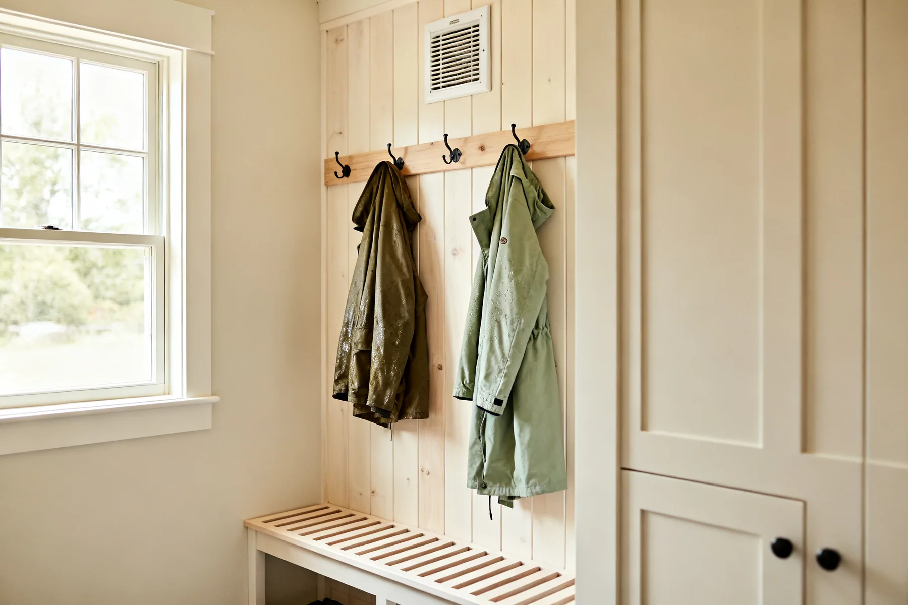 Space wet coats, and vent the room A mudroom with a short hanging rail holding wet coats spaced apart, a small extractor vent above and a slatted shelf below