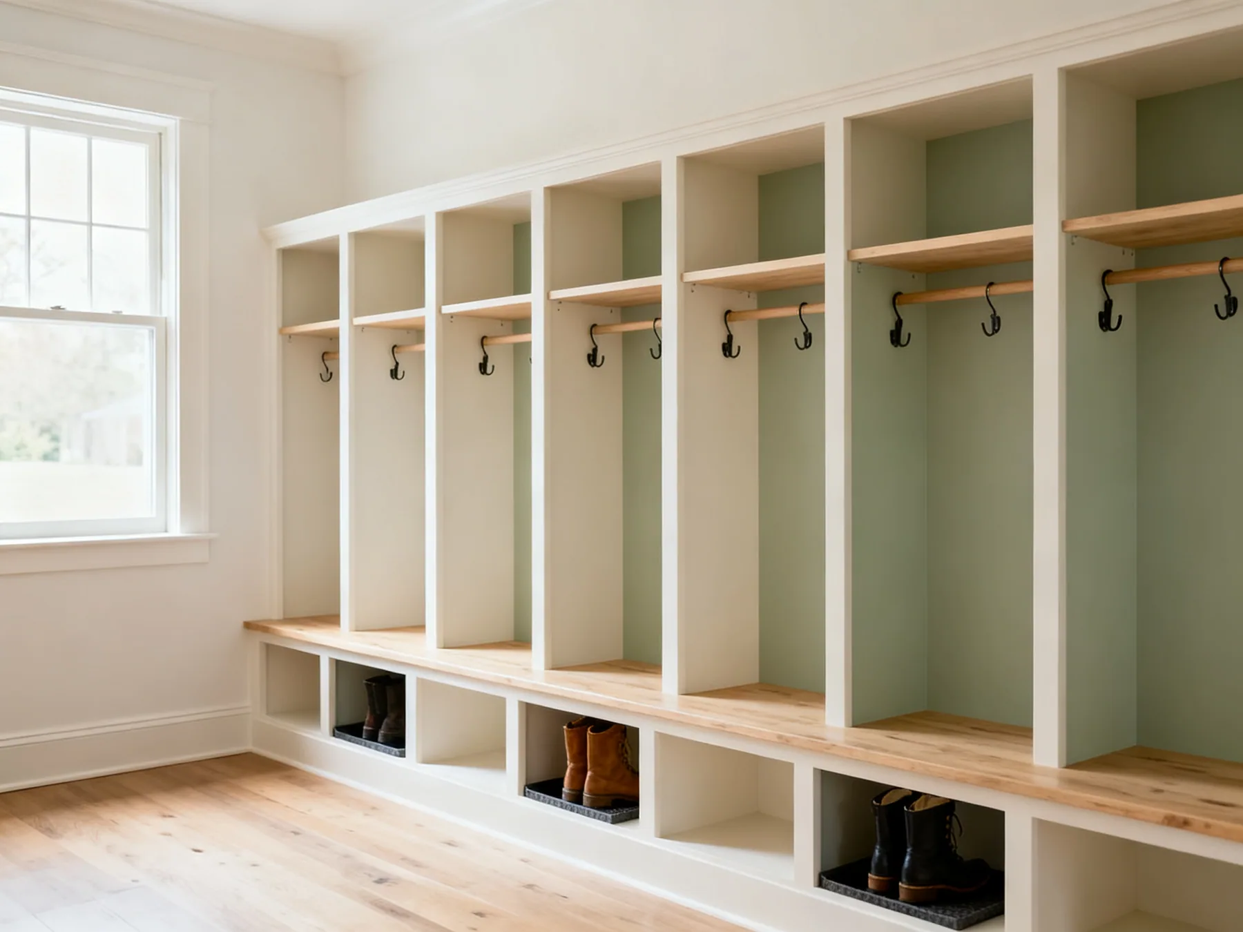 One cubby per person, open not closed A run of open mudroom cubbies, one per person, each with a hook, a shelf and a boot space, labelled