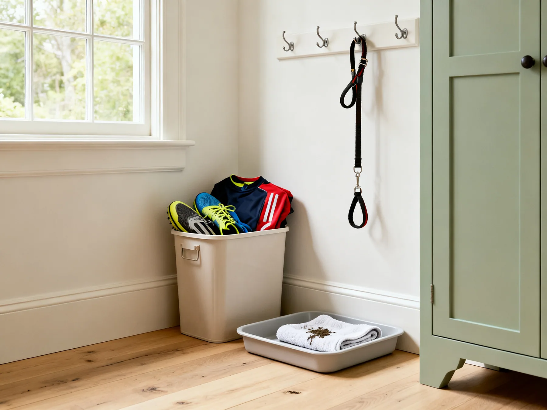 The kit that never has a home A mudroom corner with a labelled bin of sports kit, a hook holding a dog lead and a shallow tray with a towel for muddy paws