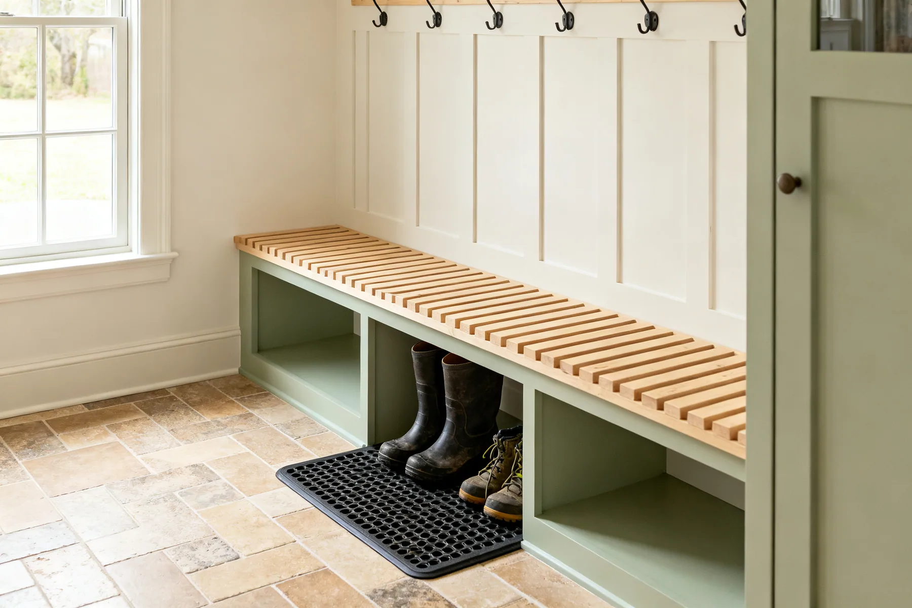 A mudroom is a drying room first A mudroom with tiled floor, slatted bench, boot tray beneath, hooks above and open cubbies for wet outdoor kit