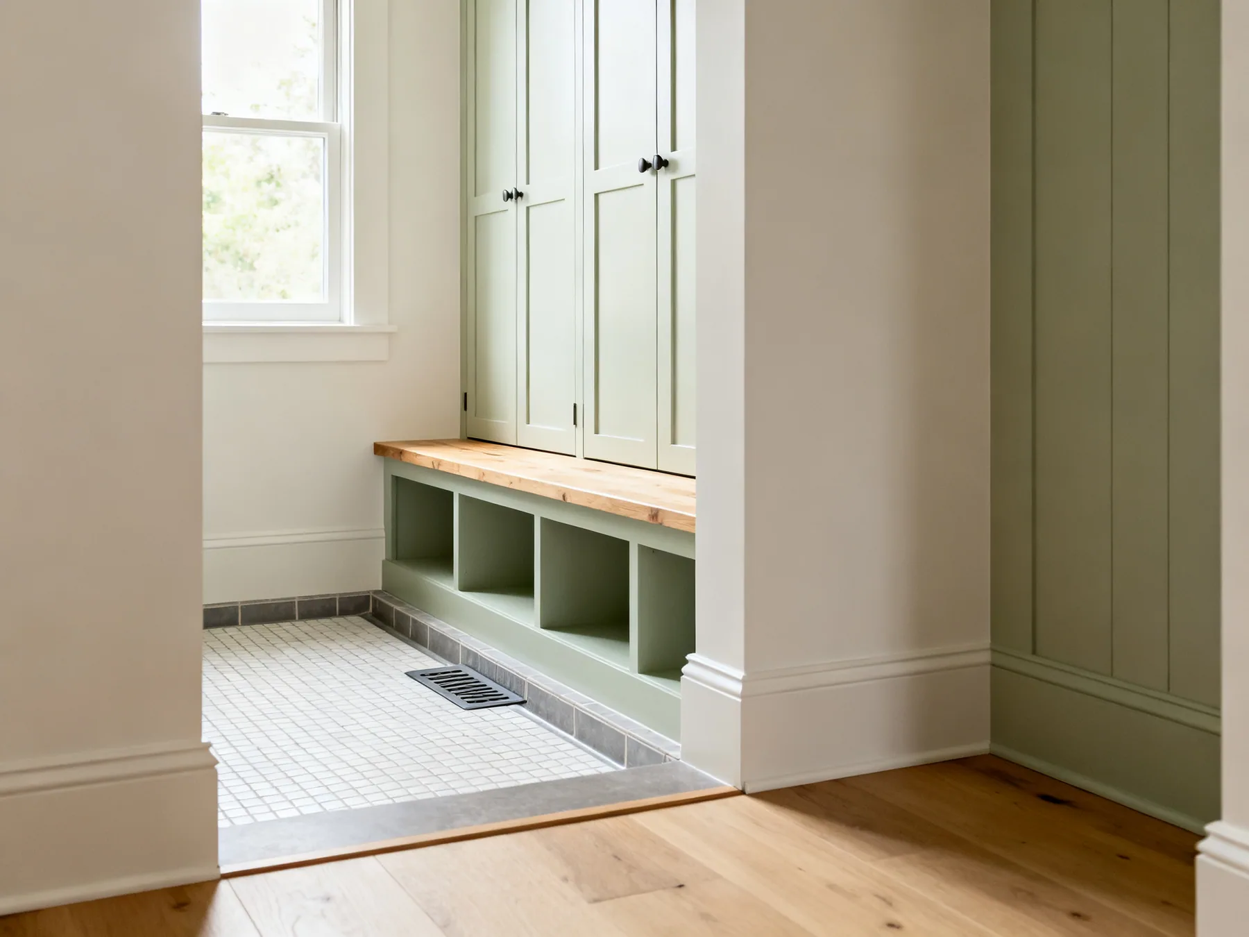 Split it into wet and dry A mudroom divided into a wet zone with tiled floor and drainage tray, and a dry zone with a wooden bench and closed cupboards