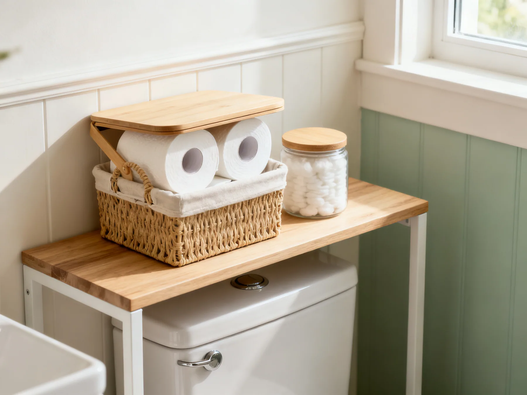 Least used goes highest The top shelf of an over-toilet unit holding a lidded basket of spare toilet rolls and a closed jar of cotton pads