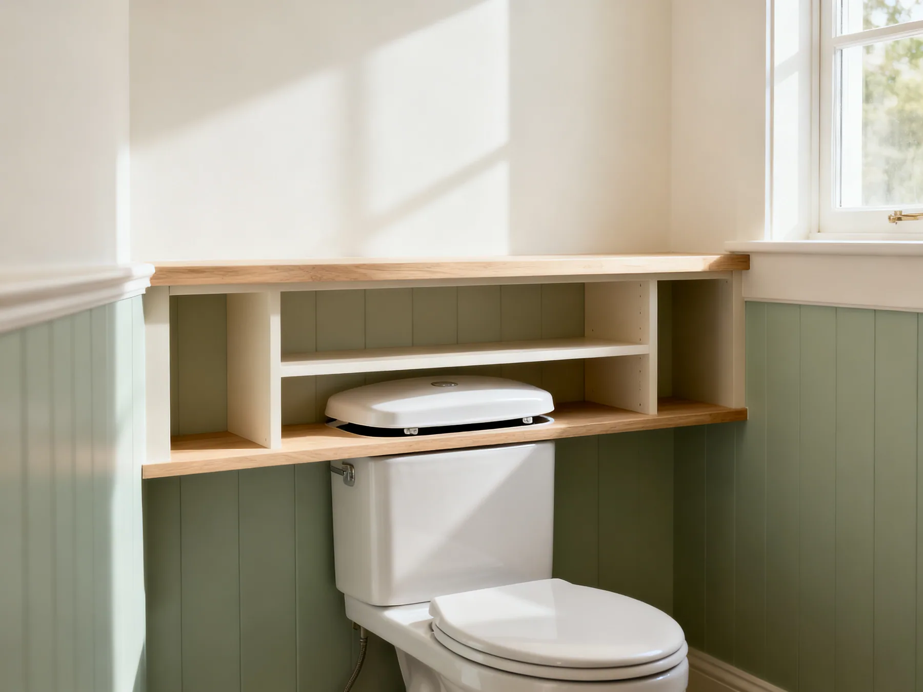 Leave room to lift the cistern lid A shelf unit above a toilet with clear space between the cistern lid and the lowest shelf so the lid can be lifted fully