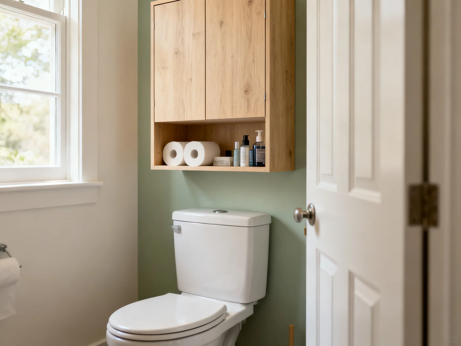Closed doors calm a small bathroom A shallow closed wall cabinet above a toilet with the door ajar showing spare toilet rolls and toiletries inside