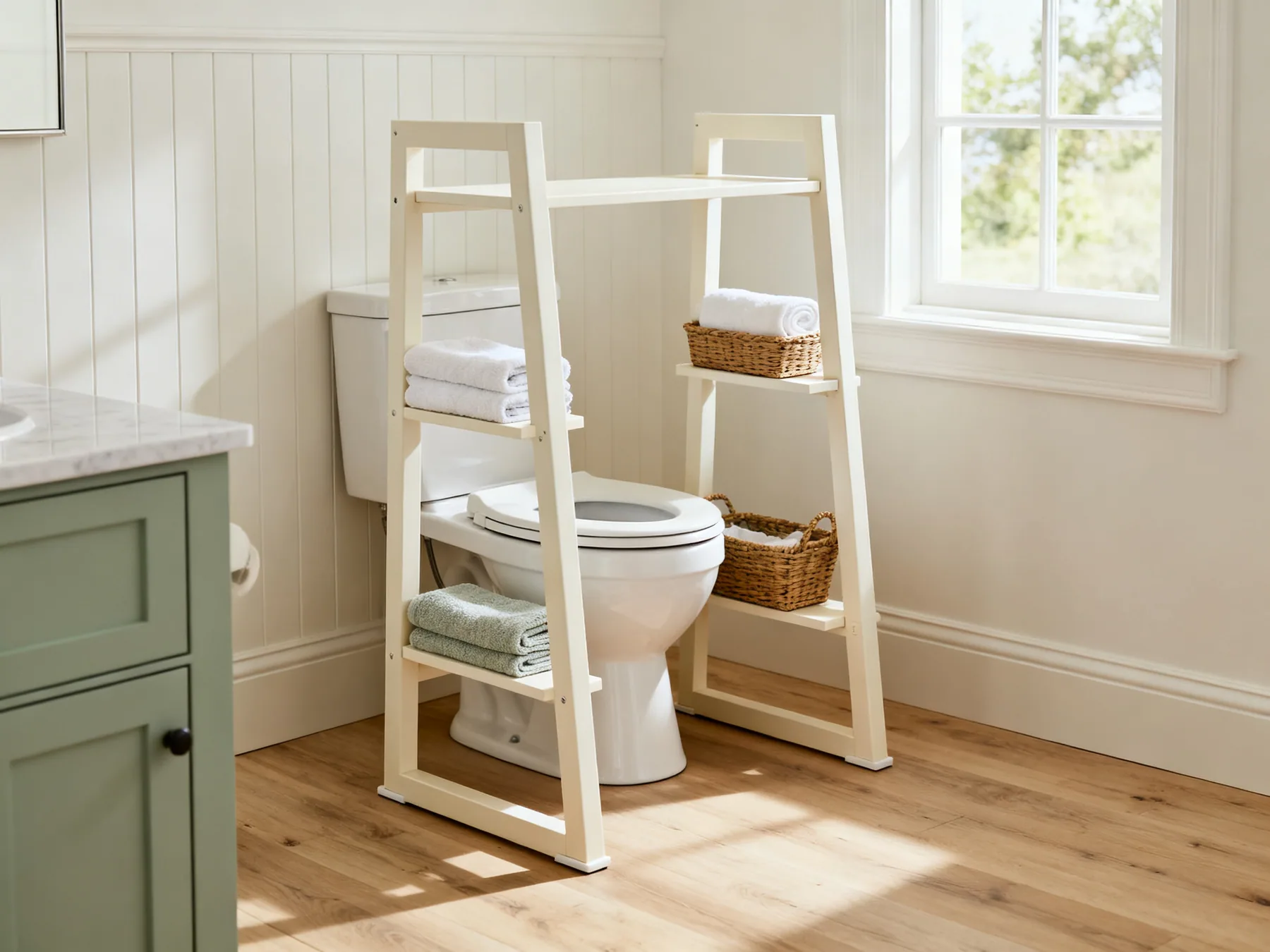 No drilling, and it moves house with you A freestanding over-toilet frame straddling a toilet with feet on the floor either side, holding towels and a basket