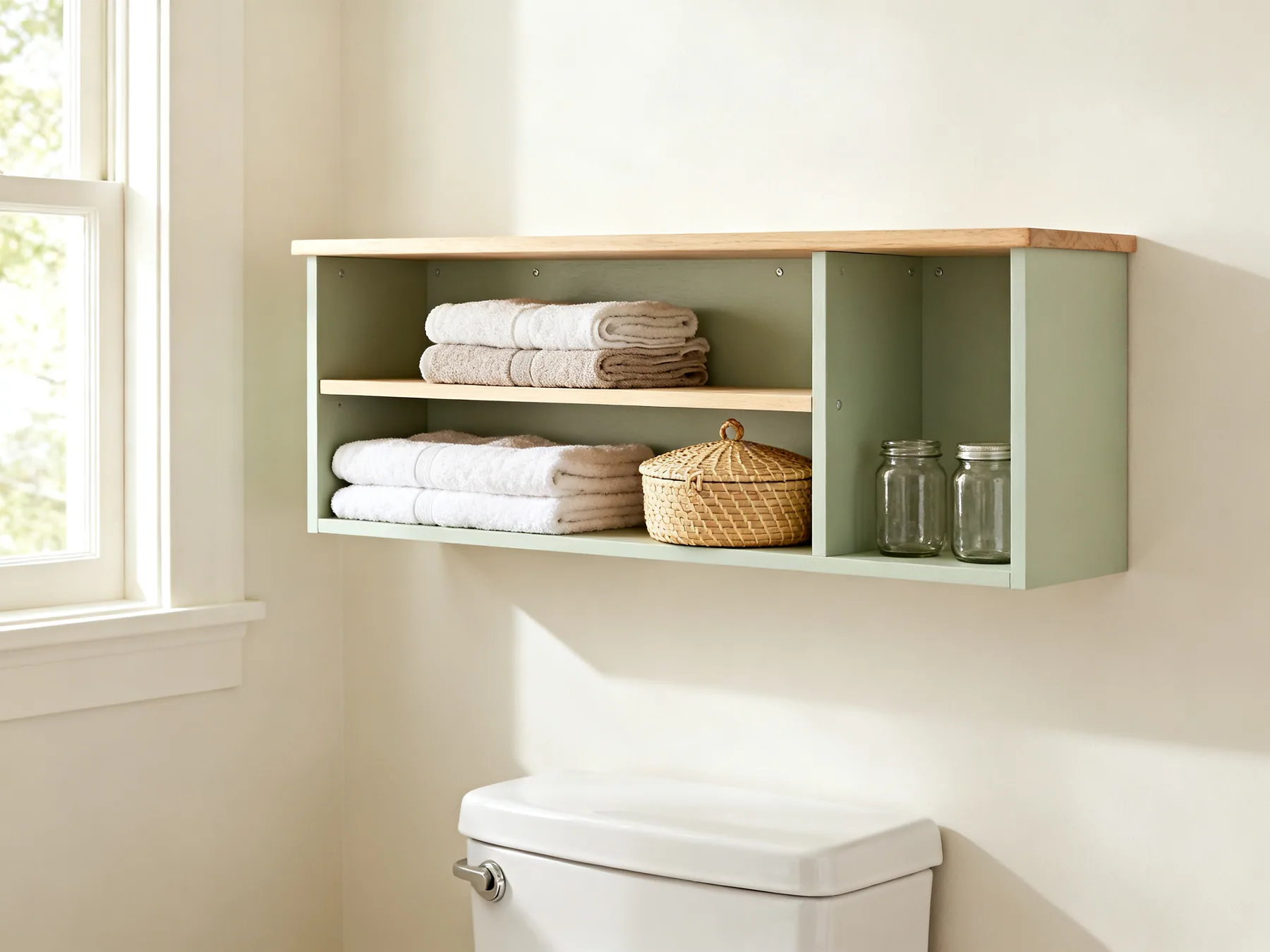 The most wasted wall in any bathroom A shallow three-shelf unit above a toilet cistern holding folded towels, a lidded basket and two glass jars