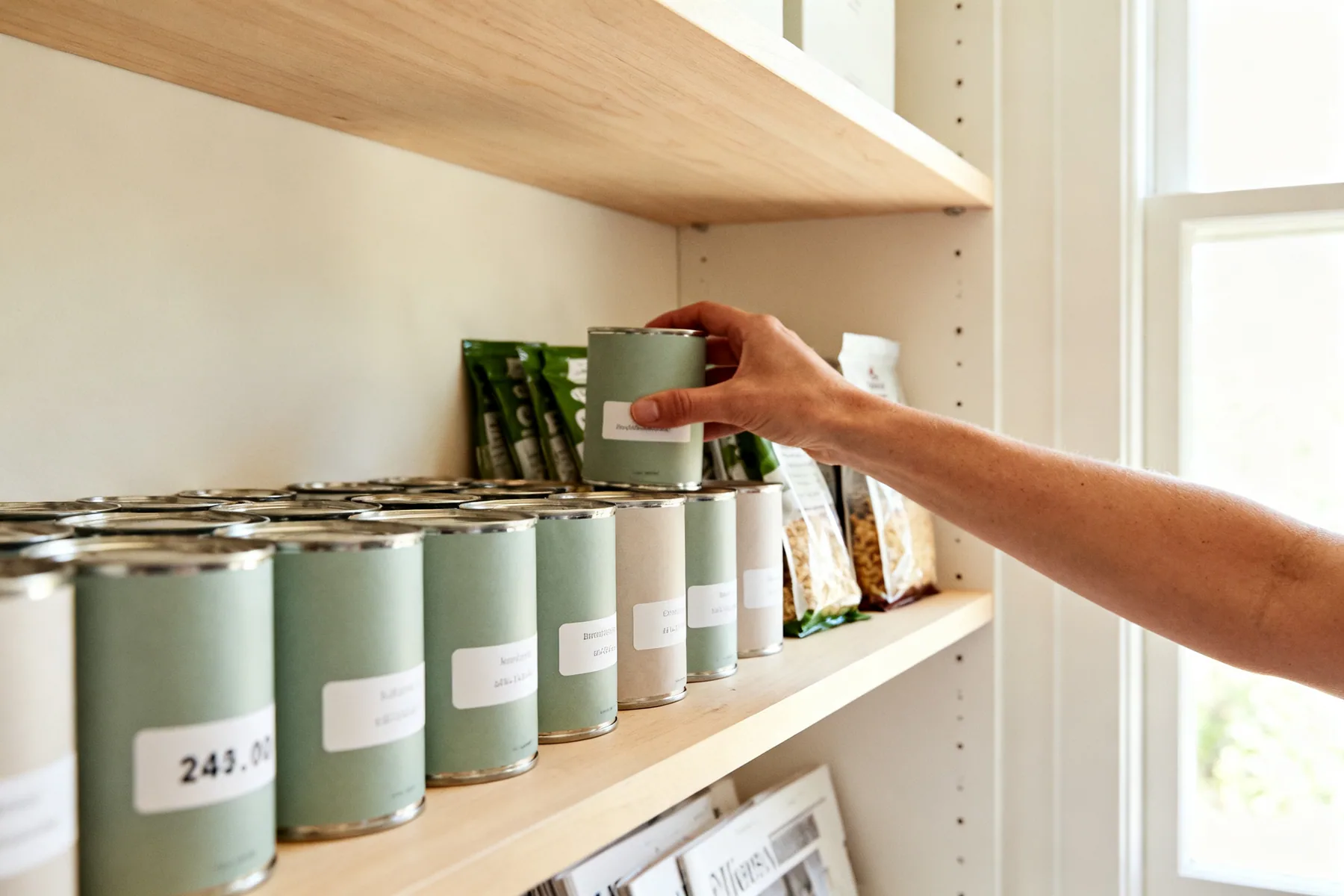 New stock goes at the back, always A pantry shelf with tins arranged front to back by date, a hand placing a newly bought tin at the back of the row