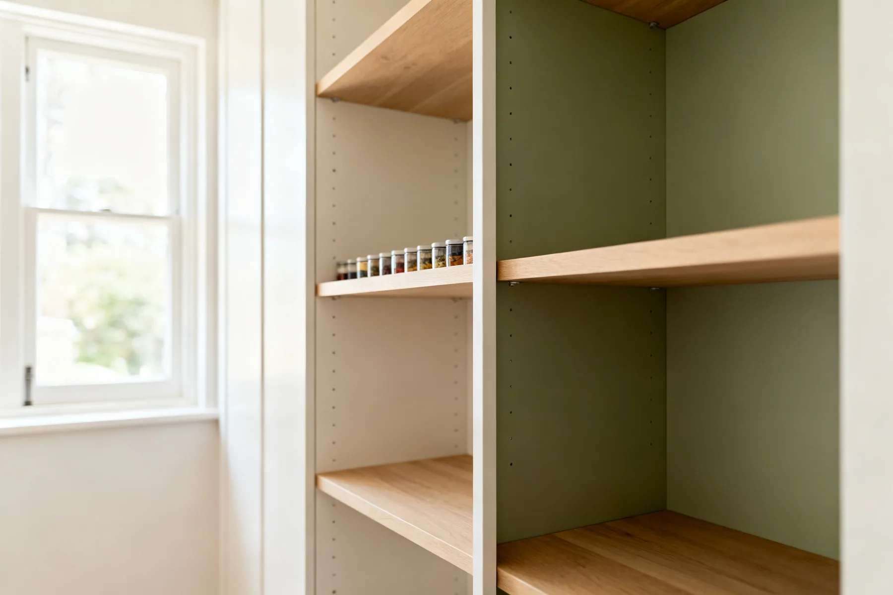Shallow shelves hold less and work better A shallow pantry shelf about 200mm deep with every item visible in one row, beside a deep shelf where a front row hides items behind it