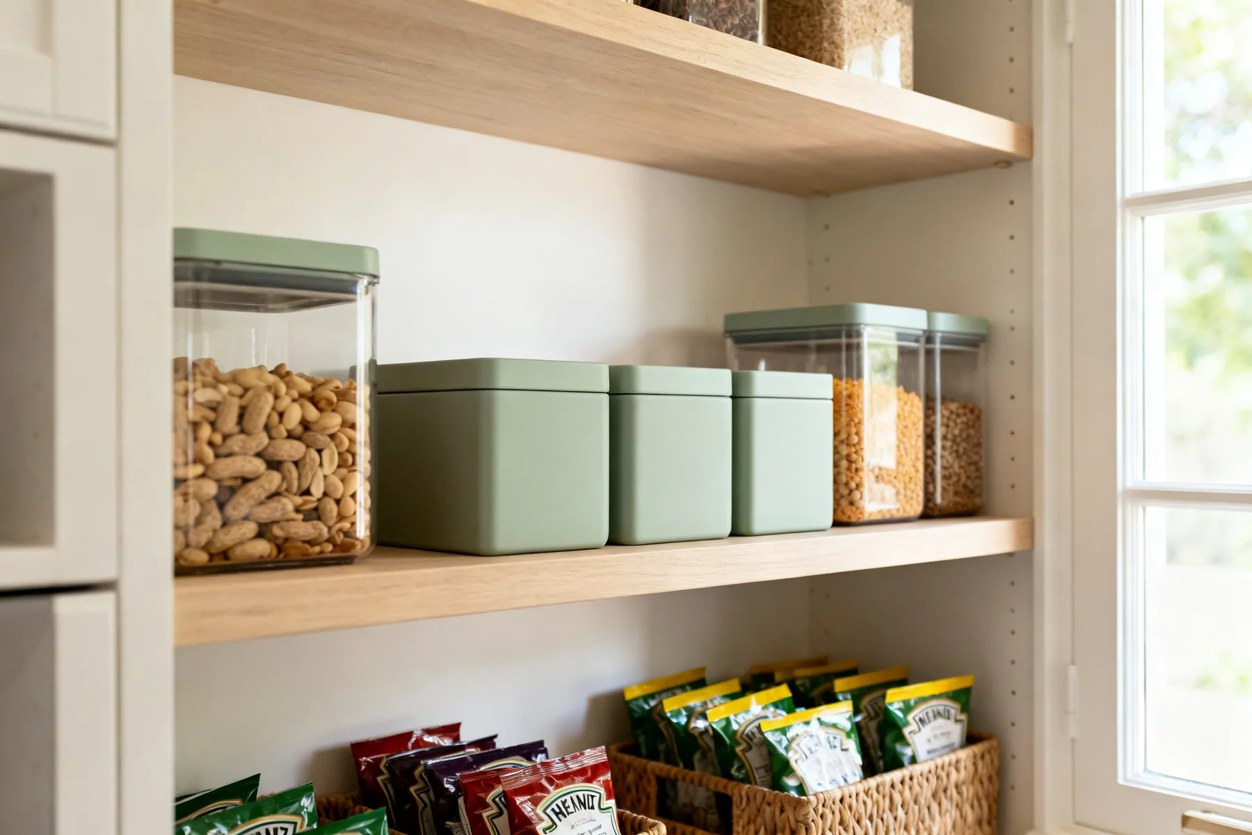 Square containers, because round ones waste the shelf An organised pantry cupboard with labelled square airtight jars of dry goods at eye level and baskets of packets on the lower shelves