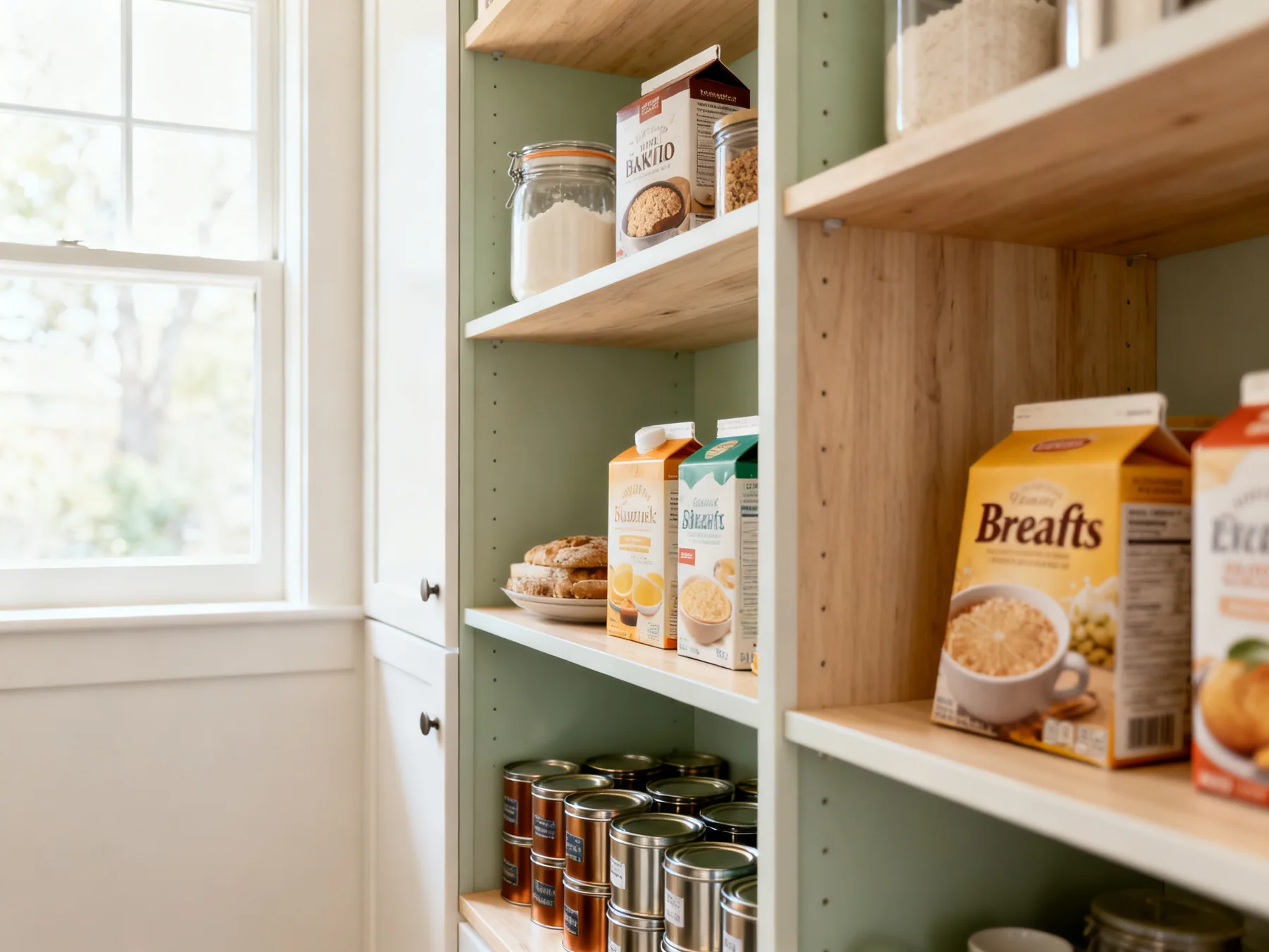 Group by when you use it, not by what it is A pantry with shelves grouped into zones for baking, breakfast and tins, each group labelled at the shelf edge