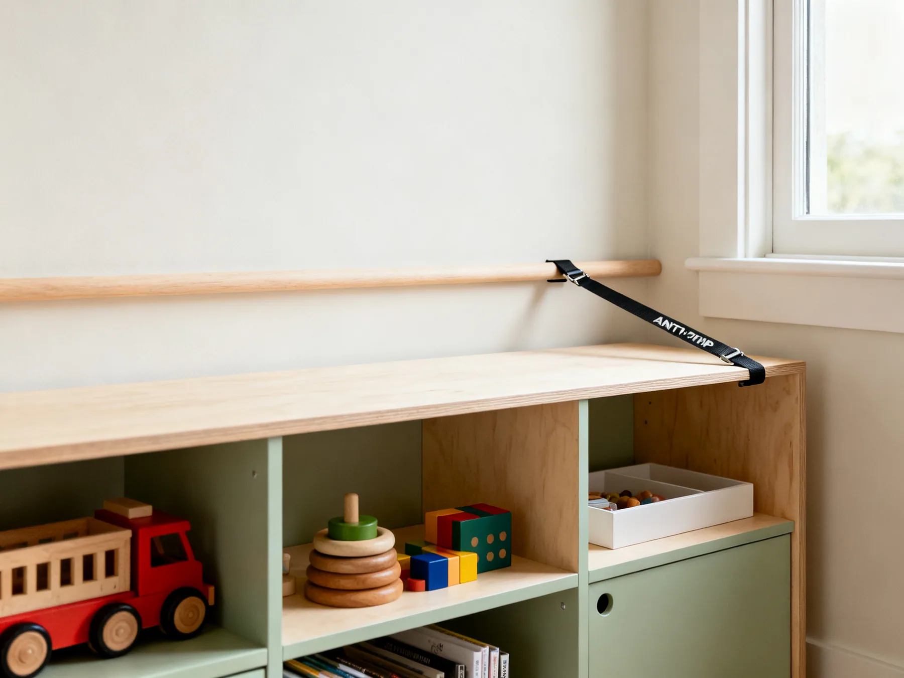 Anchor everything. Children climb shelves A low playroom shelving unit with an anti-tip strap fixing its top rail to the wall, heavy items on the bottom shelf