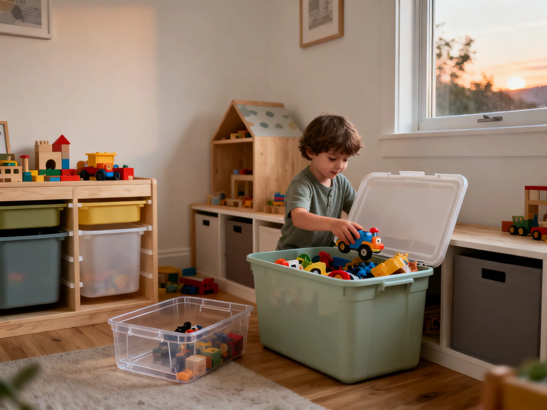 A five-minute reset beats a weekly clear-out A playroom at the end of the day with a child placing a toy into a large open bin, most toys already put away