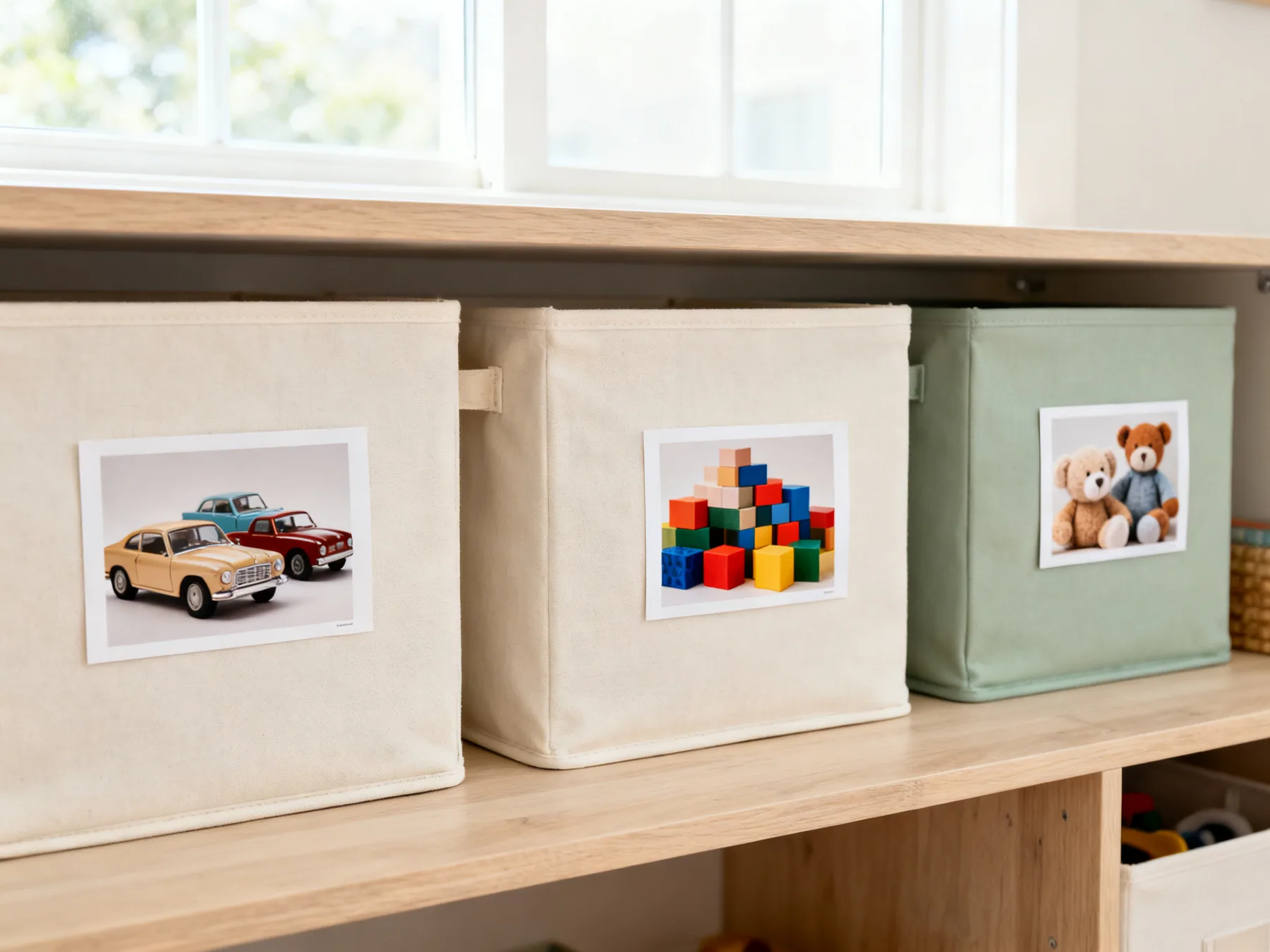 Photographs, because they cannot read yet Fabric storage bins on a low shelf each with a photograph label showing what belongs inside, cars, blocks and soft toys