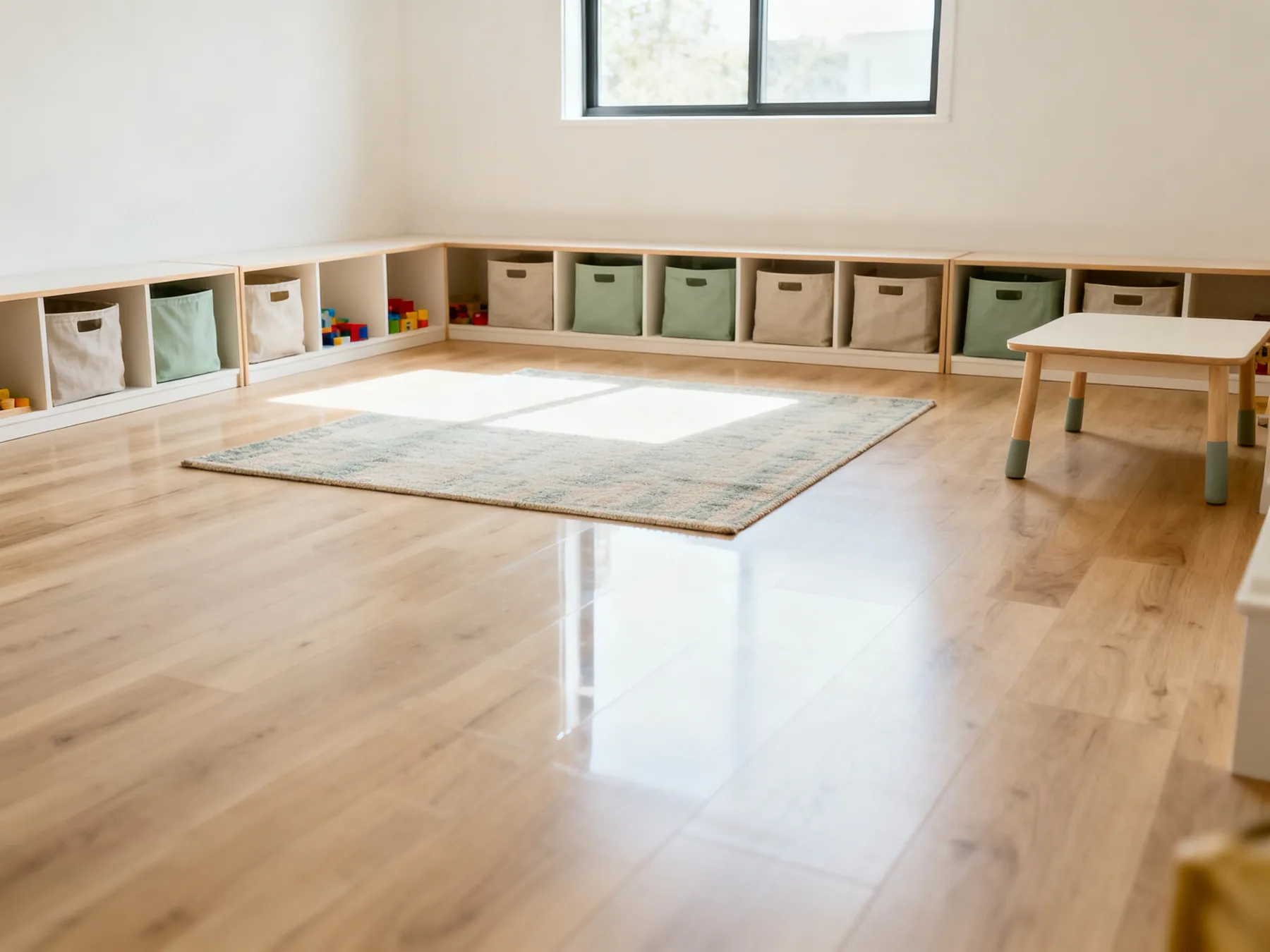 The floor is the most important thing in a playroom A bright playroom with low open shelving holding labelled fabric bins at child height and a large clear floor space with a rug