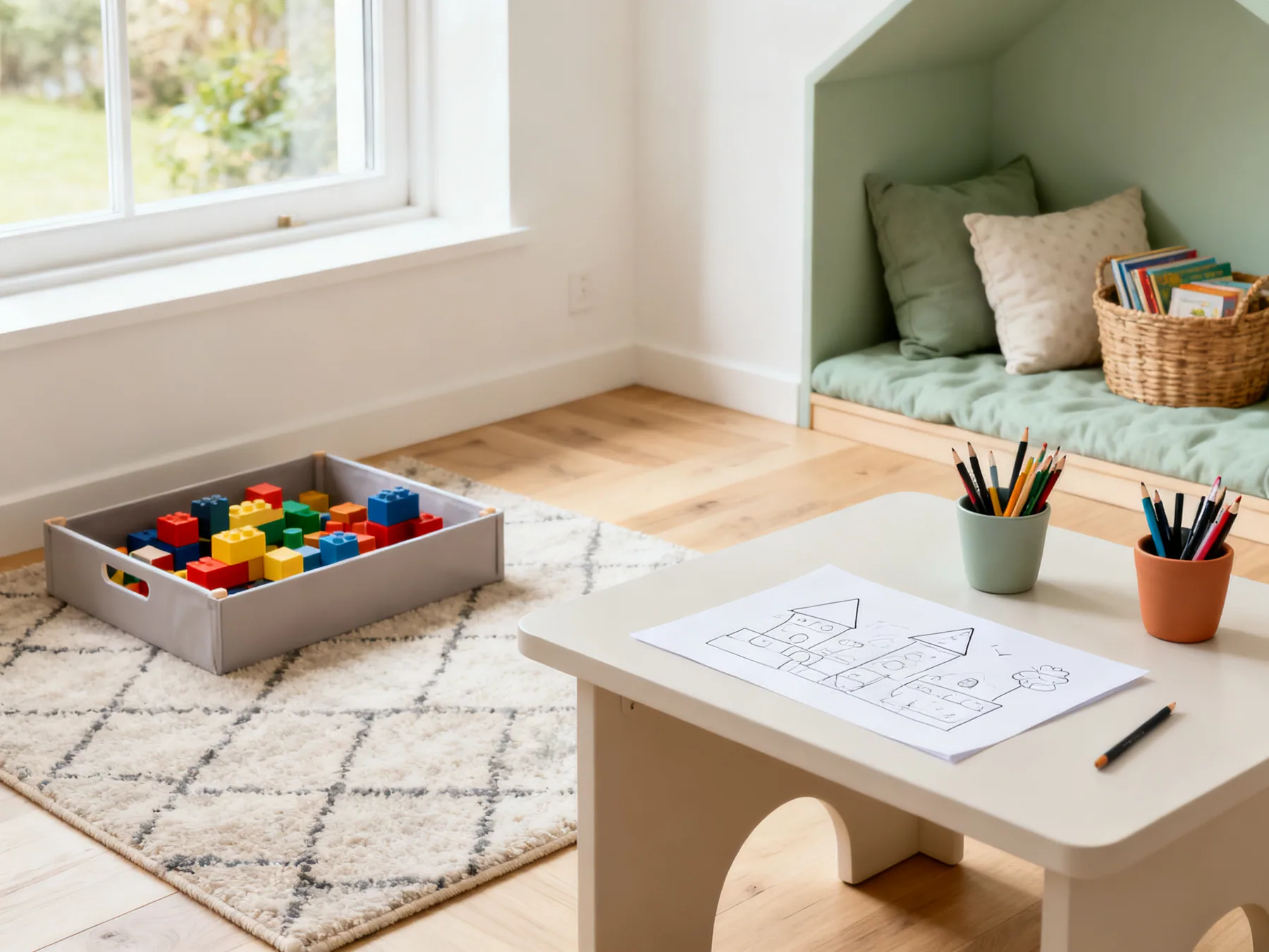 Zone by activity, not by toy type A playroom divided into zones: a low table for drawing, a rug area with building blocks in an open bin, and a soft corner with cushions and books