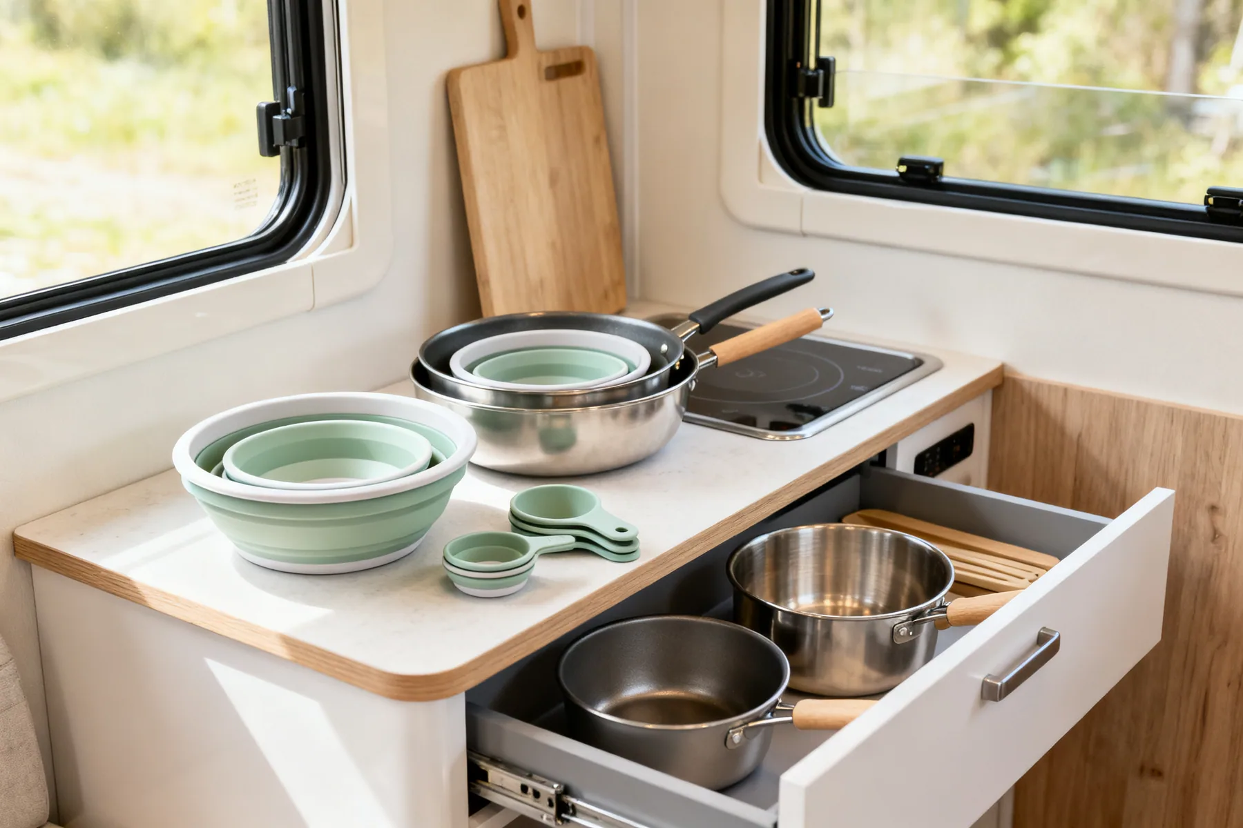 Collapsible and nesting, not rigid Collapsible silicone bowls, nesting cookware and folding measuring cups on a motorhome worktop beside the drawer they pack into
