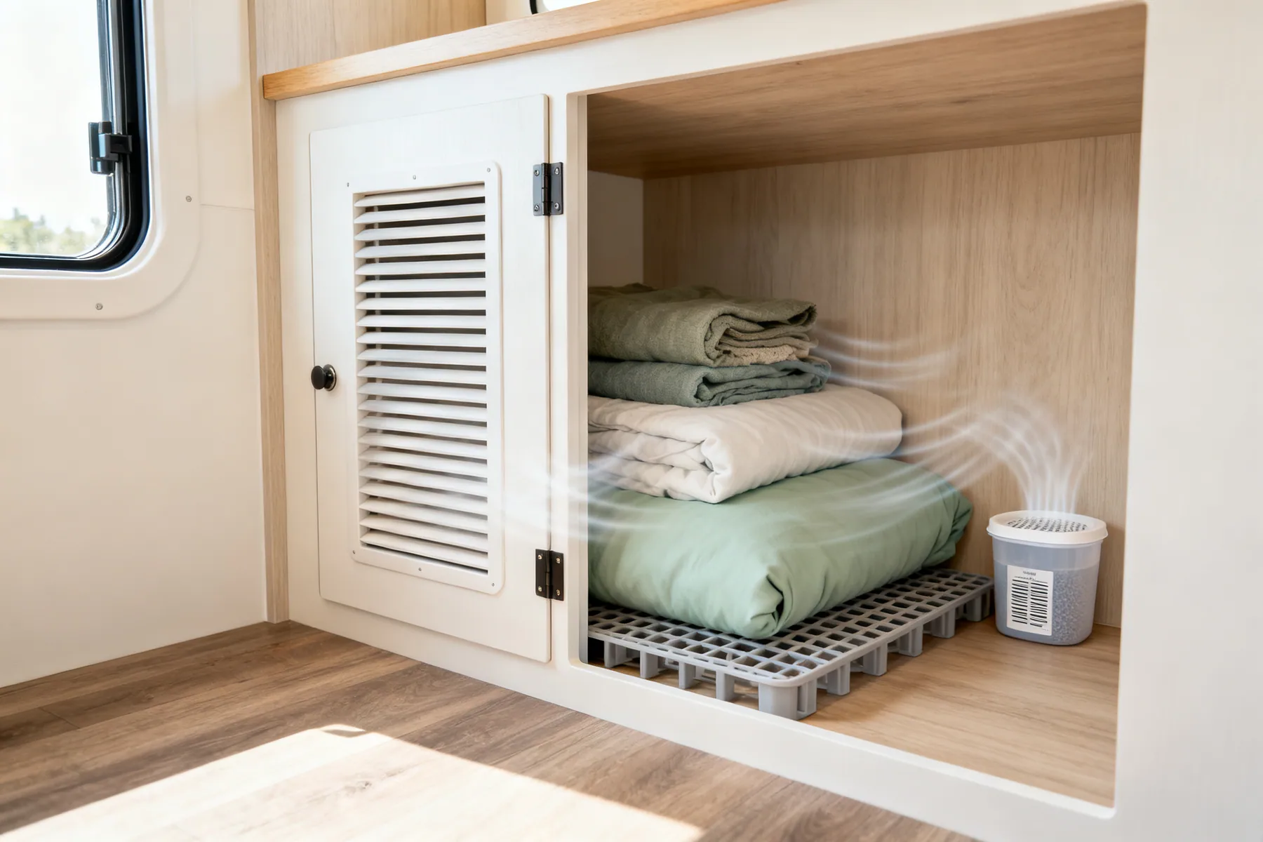 Condensation is the RV storage problem A motorhome locker with slatted vents in the door, items raised on a plastic grid and a small moisture absorber in the corner