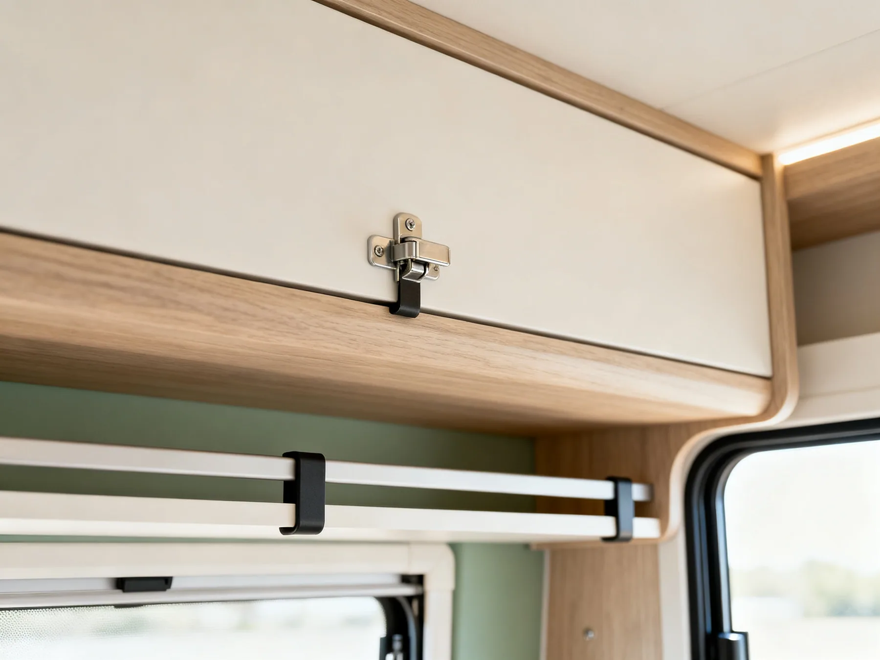 Latches that cannot shake open A positive-latching catch on a motorhome overhead locker and a shelf with a retaining rail across the front holding items in place