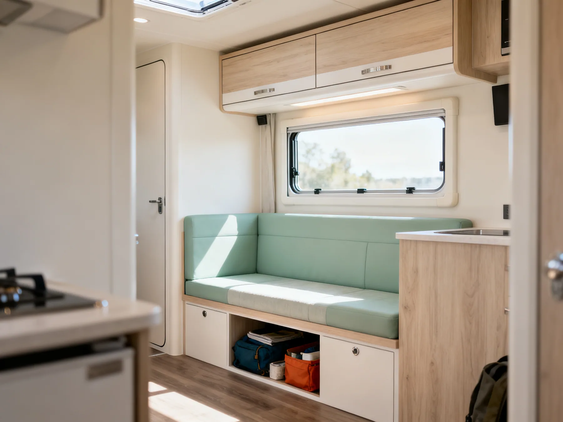 Everything has to be stowed before you move A motorhome interior with overhead lockers closed, a bench seat with storage beneath, and nothing loose on any surface