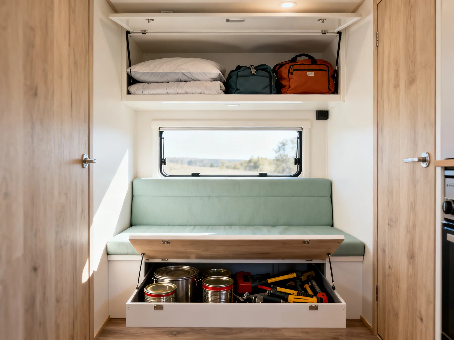 Heavy low and central, light up high An open under-bench motorhome compartment holding heavy tins and tools low down, with an overhead locker above holding only bedding and soft bags