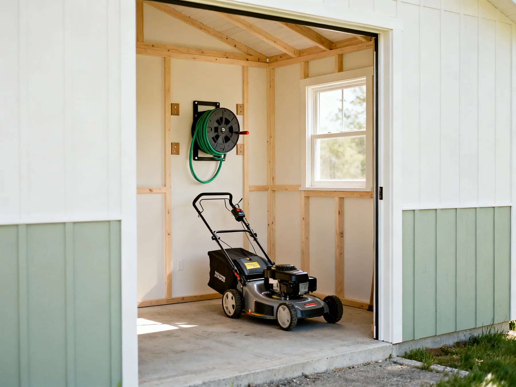 The mower gets the floor by the door A shed with a wall-mounted hose reel fixed into two studs and a lawn mower standing beside the open doorway ready to roll straight out, with the rest of the floor clear