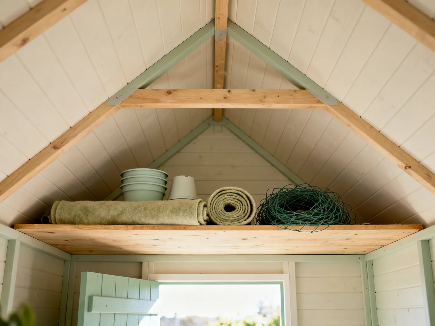 The roof triangle, the driest part of a shed Boards laid across the horizontal roof tie beams of an apex shed forming a loft platform holding plastic plant pots, a roll of fleece and coiled netting
