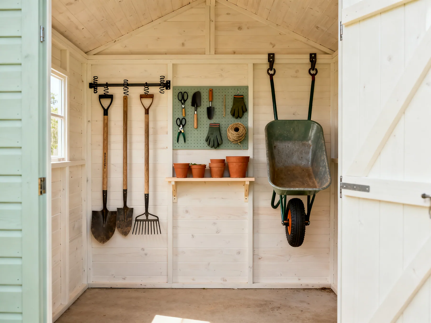 A shed with the long handled tools up on a wall rail Inside a timber garden shed with a clear floor, long handled tools hanging upright on a wall rail, a pegboard of hand tools, shelves spanning between wall studs, and a wheelbarrow hung vertically