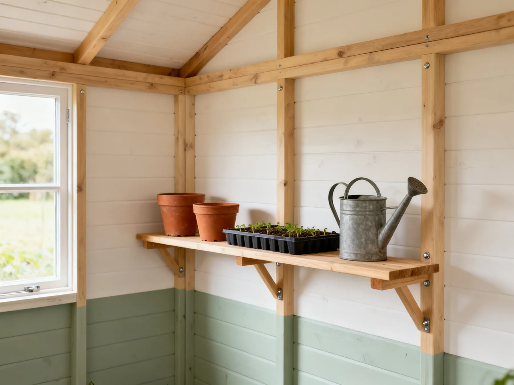 The gaps between the studs are free shelf bays Short timber shelves fitted between the exposed framing studs of a shed wall, holding terracotta pots, seed trays and a watering can