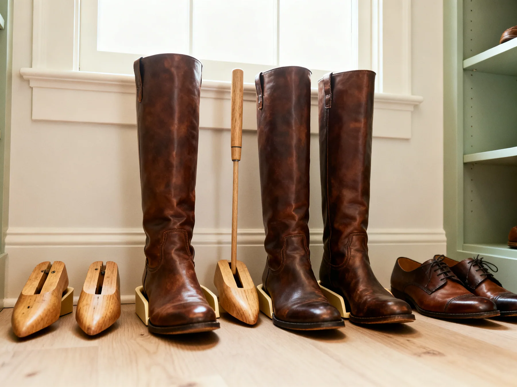 Boots upright with shaft support Three pairs of tall leather boots standing upright with shaper inserts holding the shafts straight so they do not crease at the ankle, beside two pairs of shoes with cedar shoe trees