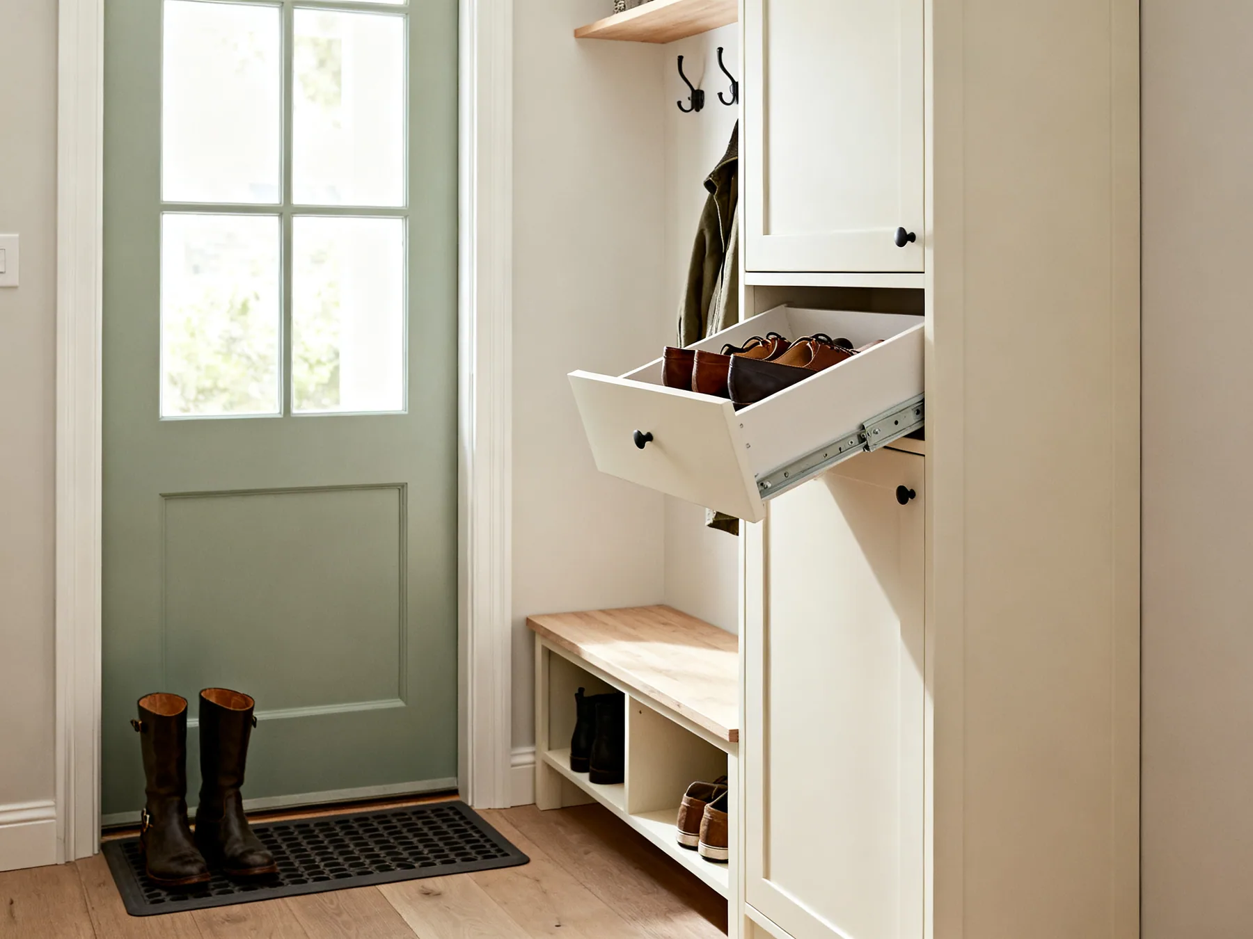 A tilting shoe cabinet, about 170mm deep instead of 320mm A narrow hallway with a slim tilting-drawer shoe cabinet open to show shoes stored at an angle, a low bench with open shoe cubbies underneath, and a boot tray by the door