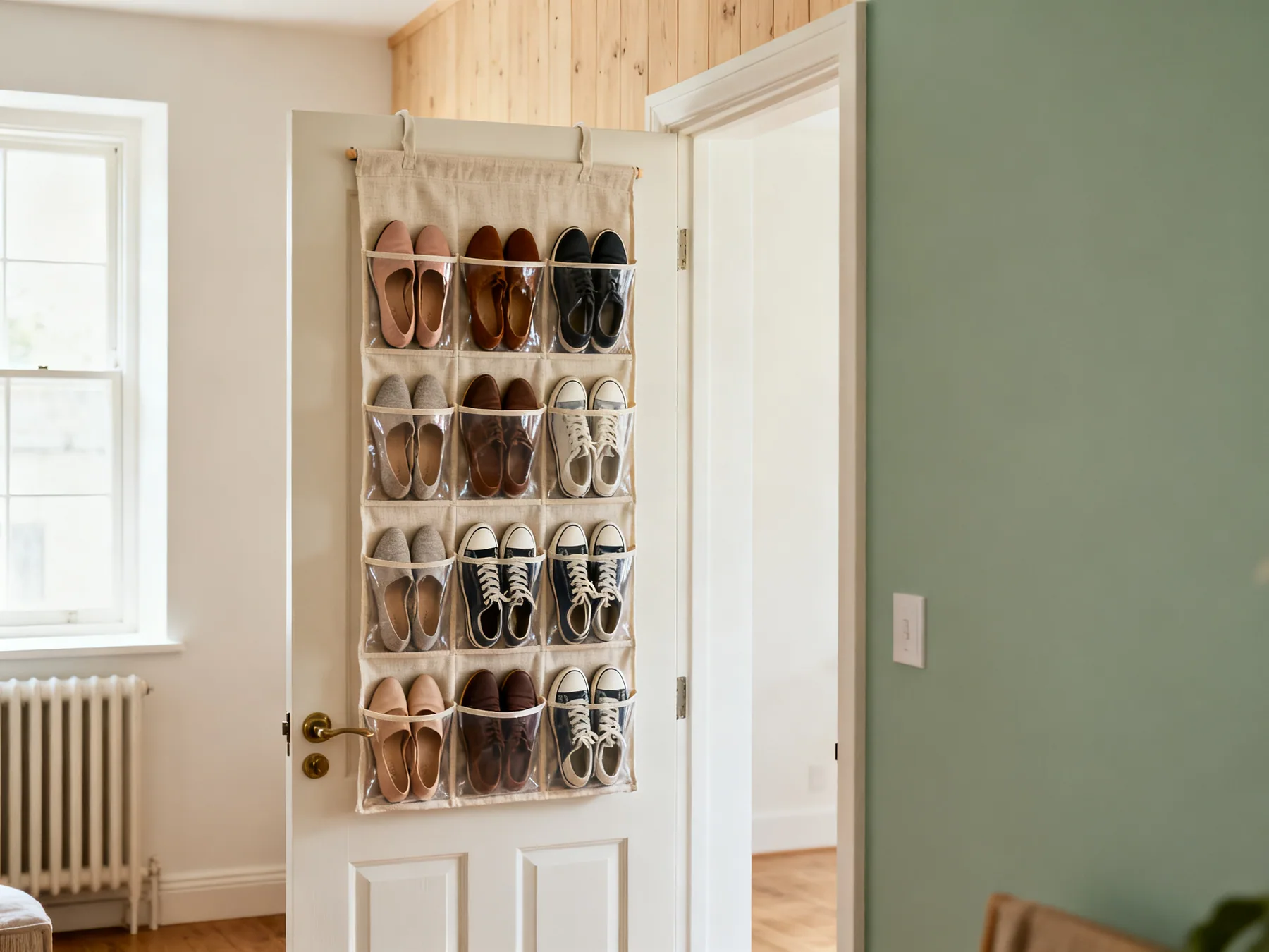 Twelve to twenty-four pairs in 60mm of depth A fabric pocket shoe organiser hanging on the back of a door holding flat shoes and trainers in about ten shallow pockets