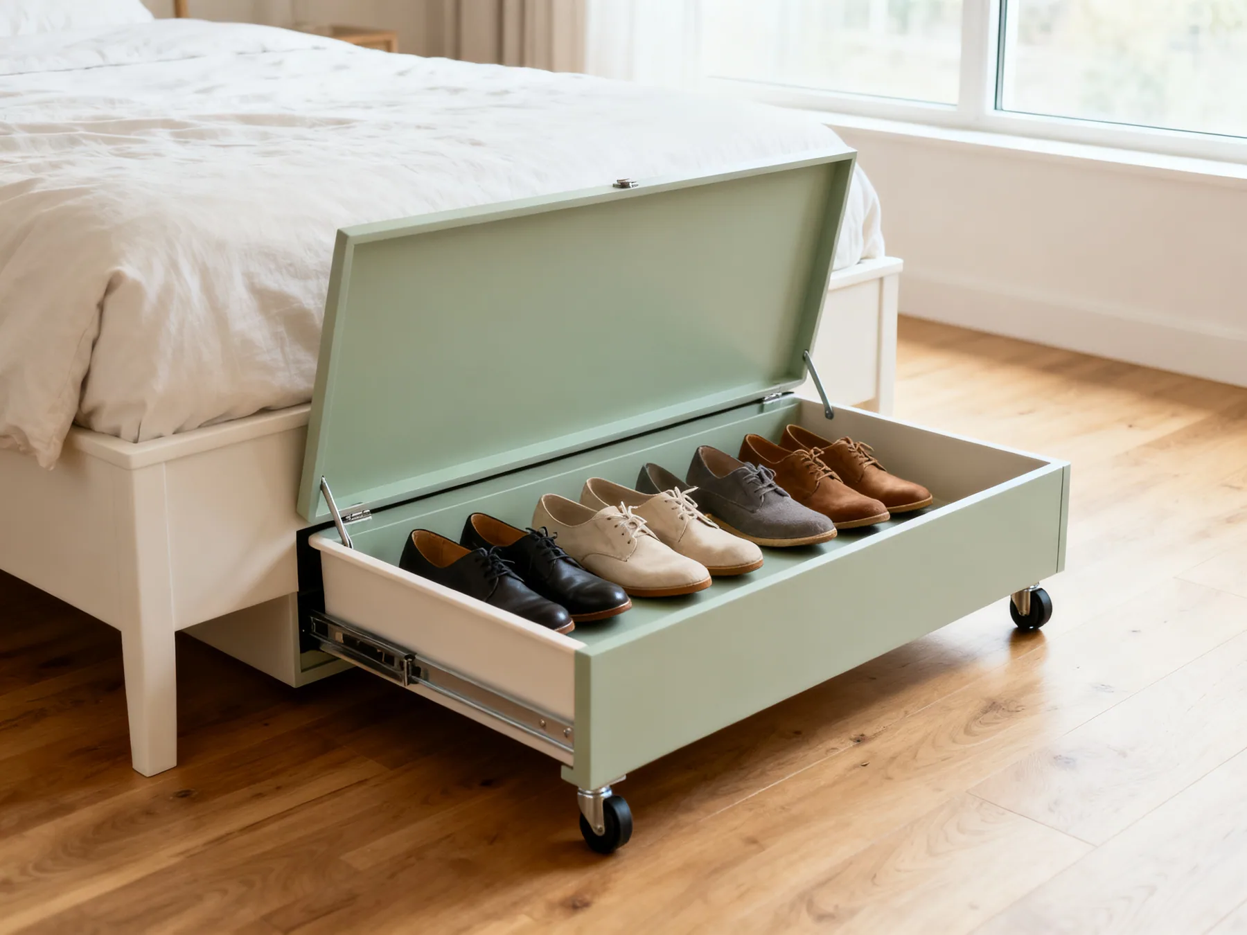 Off-season shoes under the bed A shallow lidded shoe tray on castors pulled out from under a bed with the lid off, holding eight pairs of shoes flat in two rows