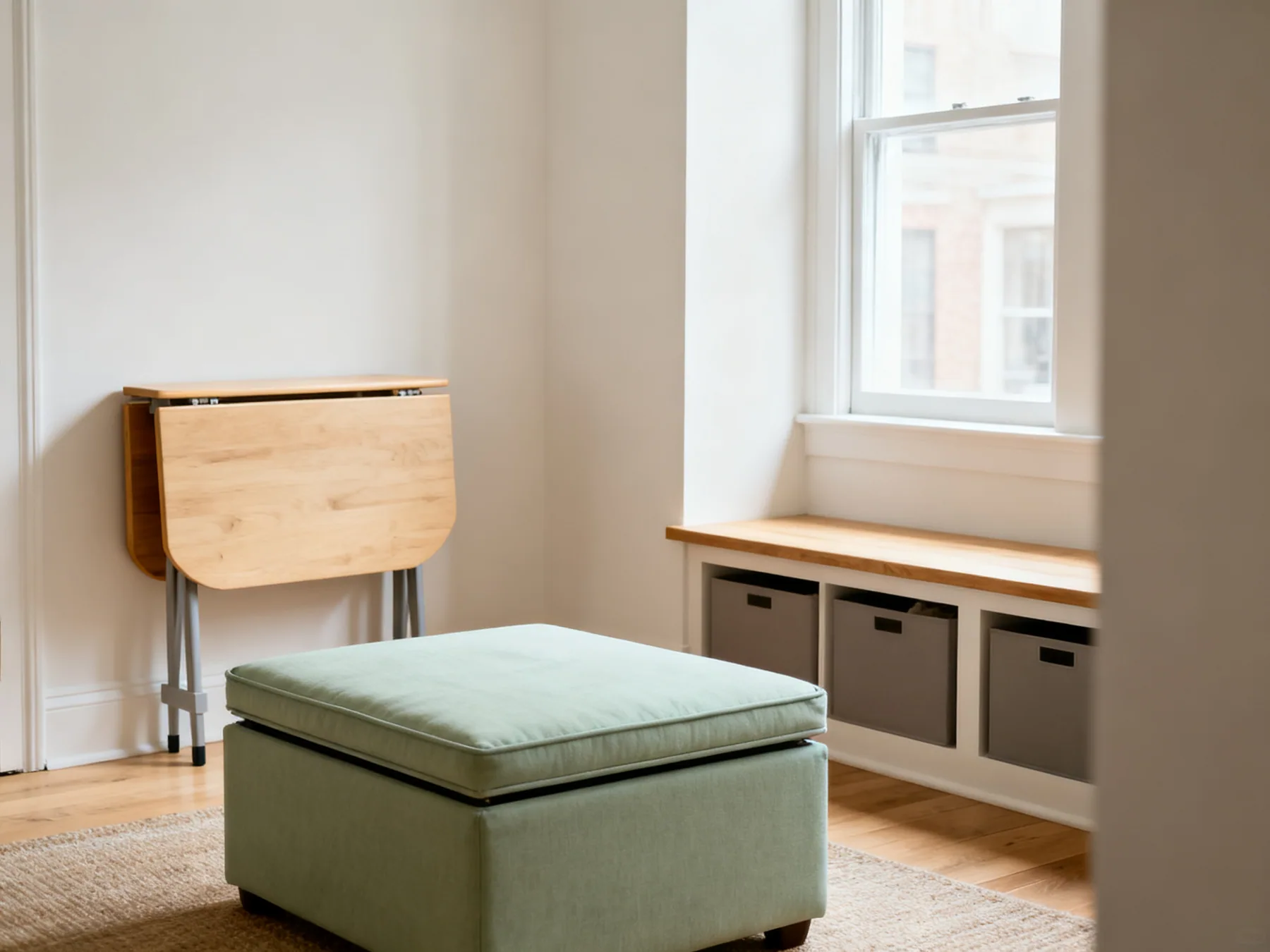 Furniture that stores, and furniture that folds A small apartment with a lidded storage ottoman as a coffee table, a drop-leaf table folded against the wall and a bench with storage under a window