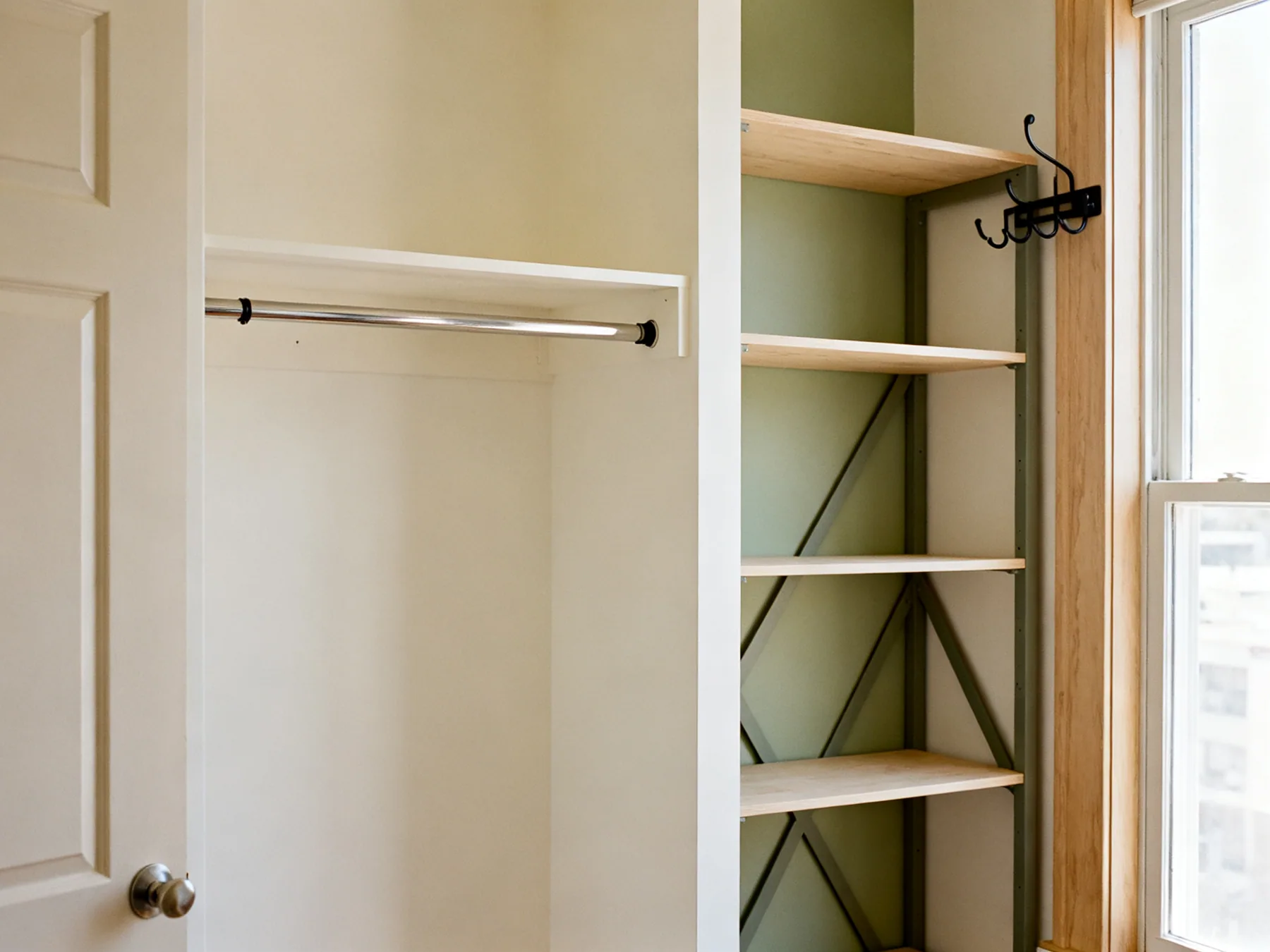Full capacity with no holes A rented apartment corner with a tension rod clothes rail in an alcove, an over-door hook rack and a braced freestanding unit, no wall fixings