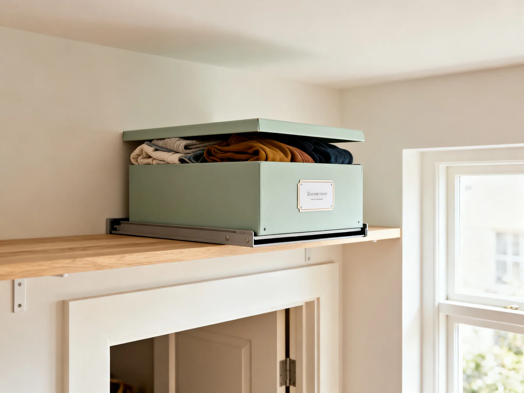 Rotate seasons out of the living space A labelled lidded box being slid onto a high shelf above an apartment doorway, holding off-season clothing