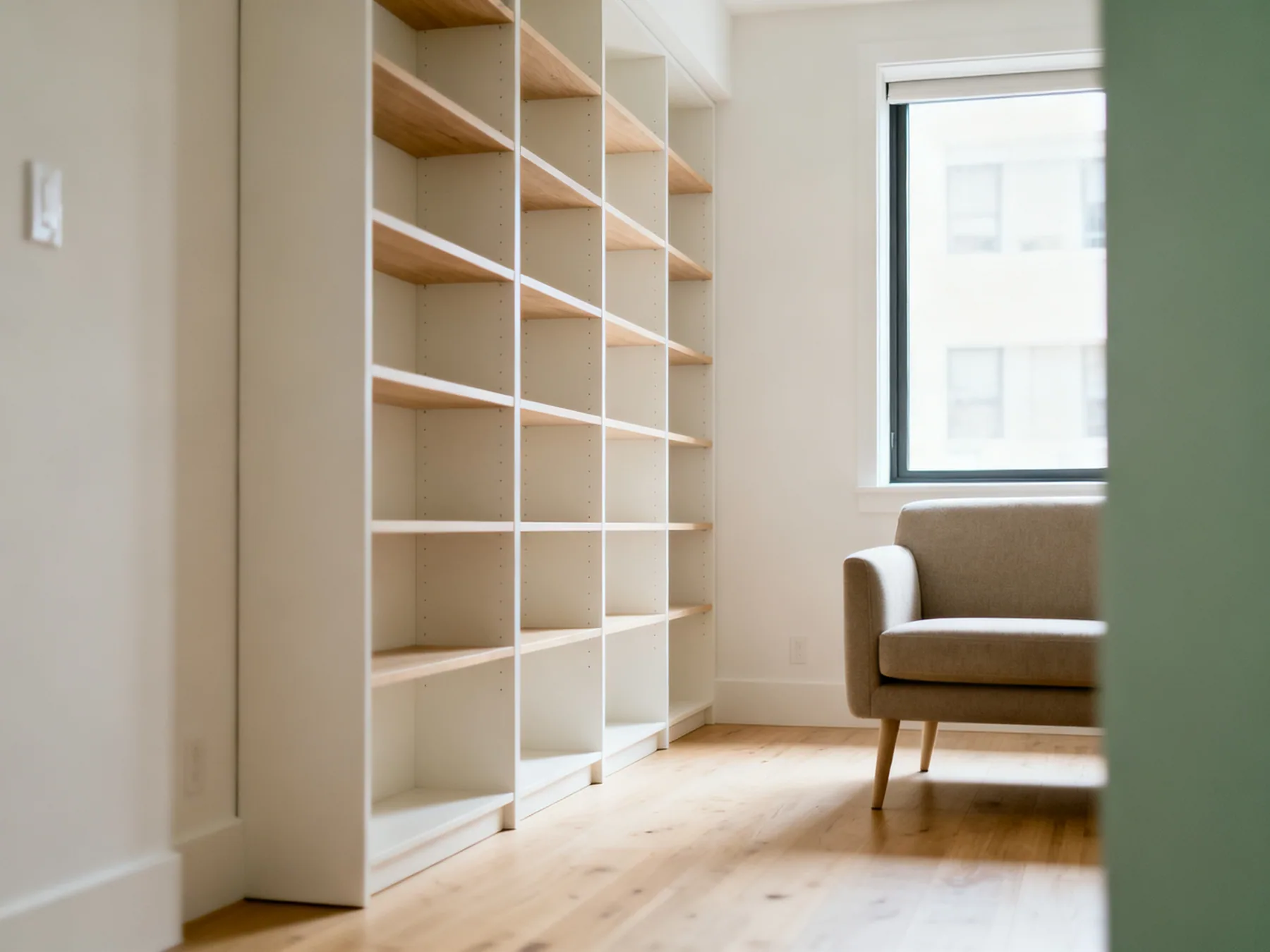 Up the walls, and keep the floor visible A small apartment living space with full-height shelving on one wall, a sofa on slender legs and clear floor throughout