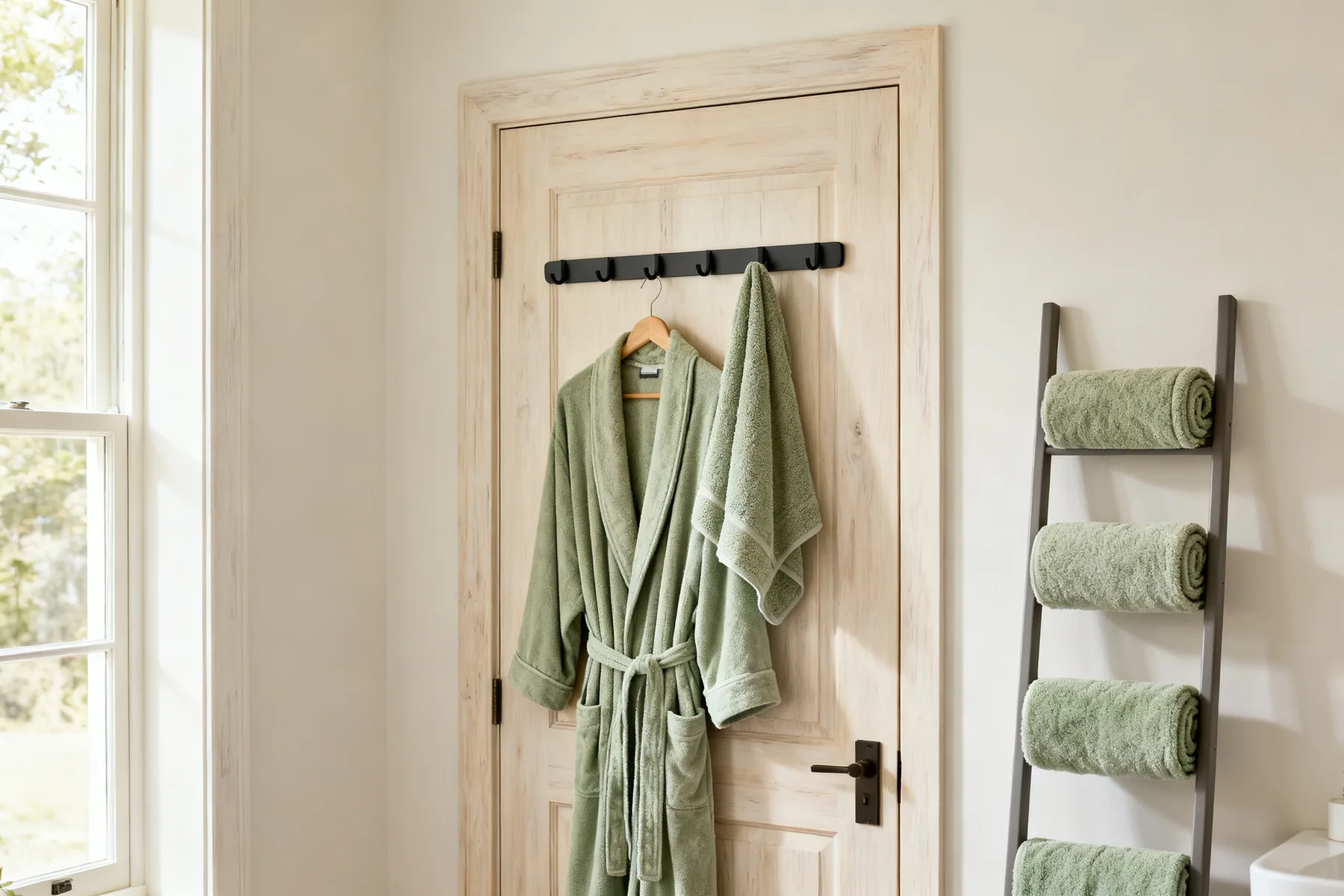 The door and the last 200mm of wall The back of a bathroom door with a slim over-door hook rack holding a dressing gown and towel, beside a narrow leaning towel ladder with three rolled towels