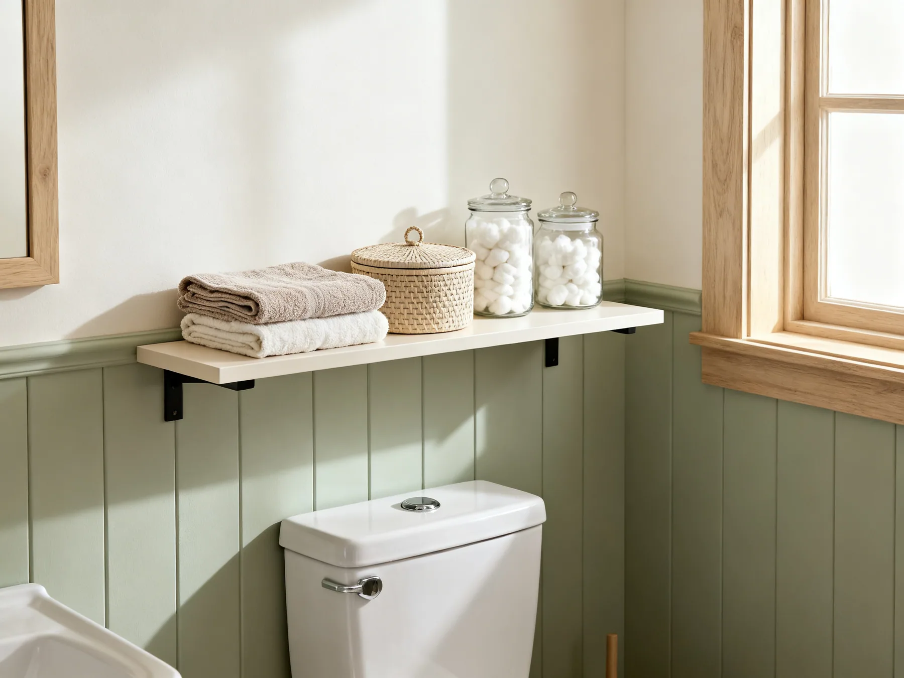 The wall above the cistern is dead space A slim shelving unit above a toilet cistern holding folded towels, a lidded basket and two glass jars of cotton pads