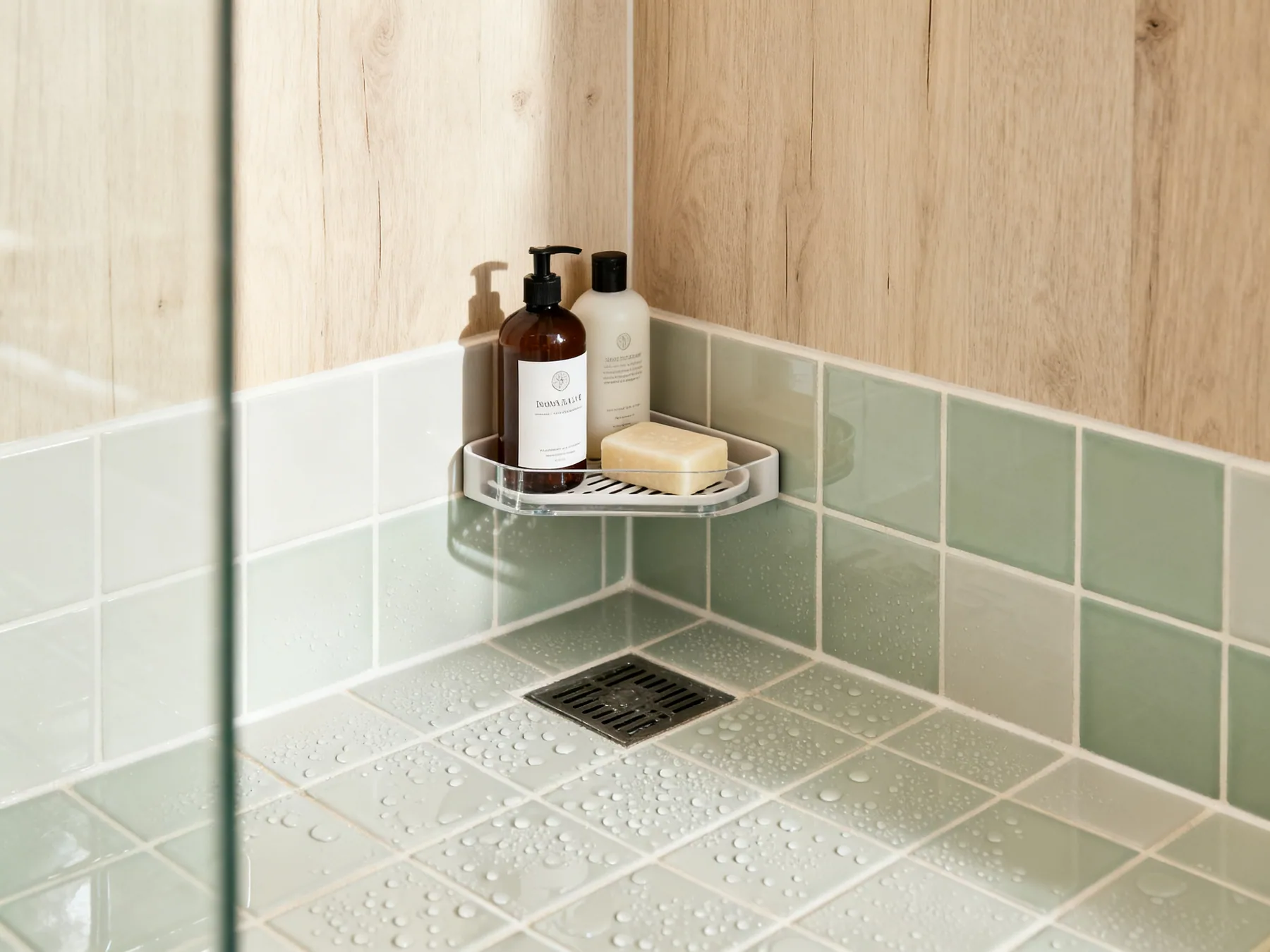 Nothing lives on the shower floor A tiled shower corner with a slim corner caddy at chest height holding shampoo and a bar of soap in a draining dish, clear of the shower tray floor