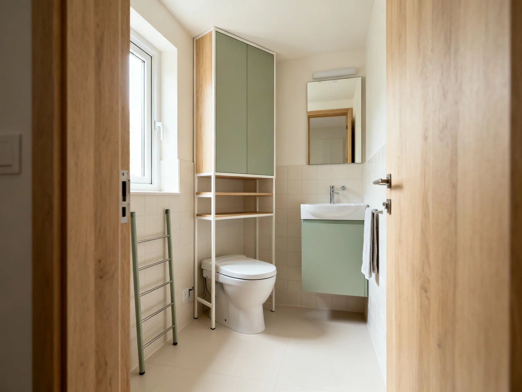 A small bathroom stores upward or not at all A small bathroom with a slim over-toilet shelving unit, a mirrored cabinet above the basin and a narrow towel ladder, with the floor almost entirely clear