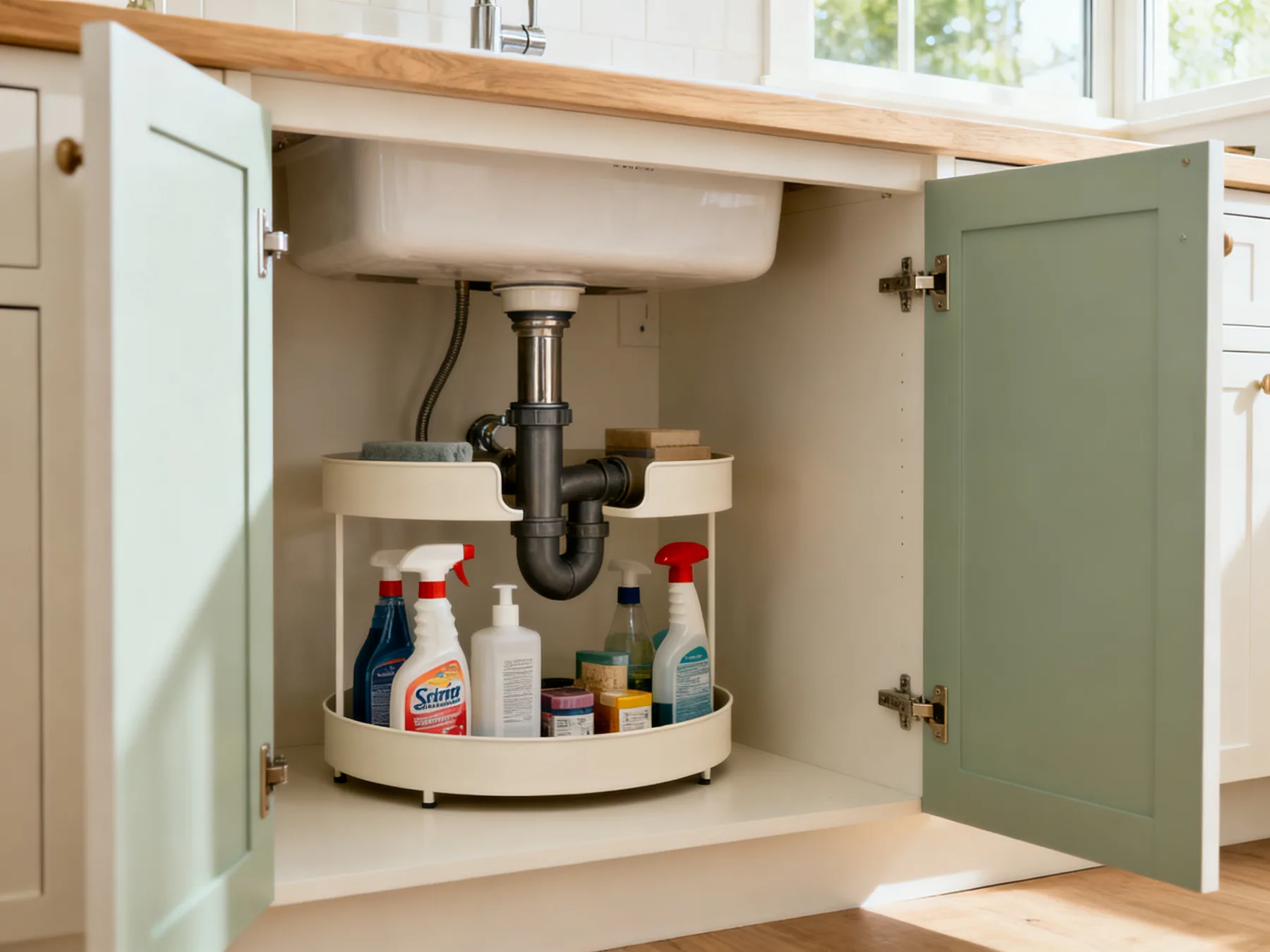 Store around the trap, not beside it An open under-sink cabinet with a U-shaped tiered organiser fitted around the plumbing trap holding cleaning bottles below and smaller items above