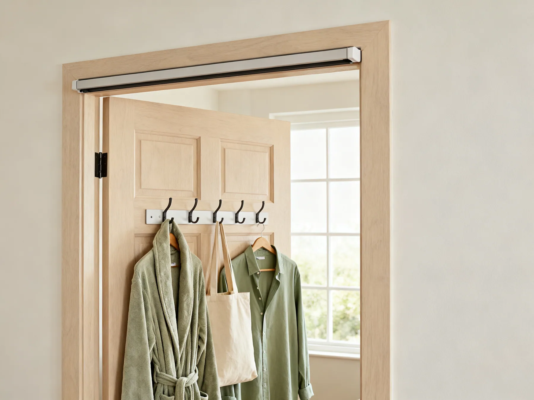 The back of the door, two screws of storage The back of a bedroom door with a row of hooks holding a dressing gown, a tote bag and a shirt on a hanger, and a slim rack hooked over the top edge of the door