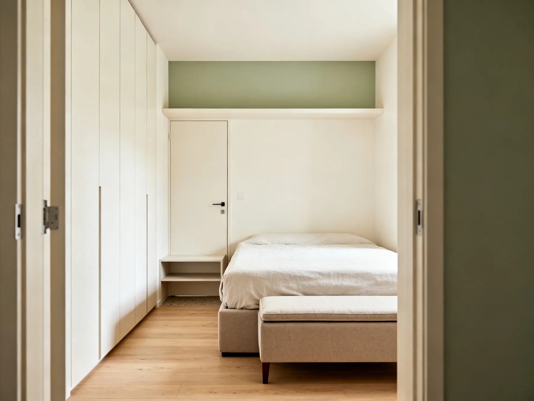 A small bedroom using height rather than floor A small bedroom seen from the doorway with a double ottoman bed, a tall narrow wardrobe taken up to the ceiling, a floating bedside shelf with floor visible beneath it, a high perimeter shelf above door height and a lidded bench at the foot of the bed