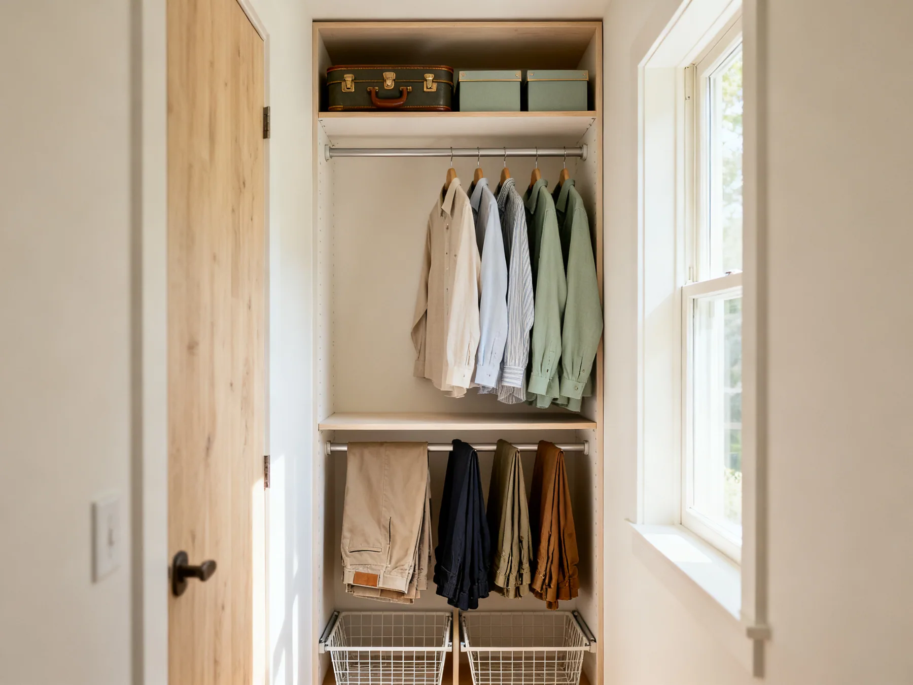 A wardrobe taken to the ceiling with a second rail added A narrow wardrobe taken to the ceiling with a second hanging rail added below the first, shirts above and folded trousers below, a suitcase and lidded boxes on the top shelf, and pull-out wire baskets at the bottom