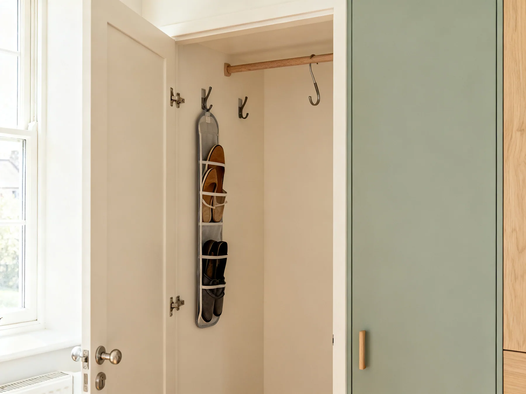 The door is a whole extra wall The inside of a small closet door fitted with a slim shoe organiser and two hooks