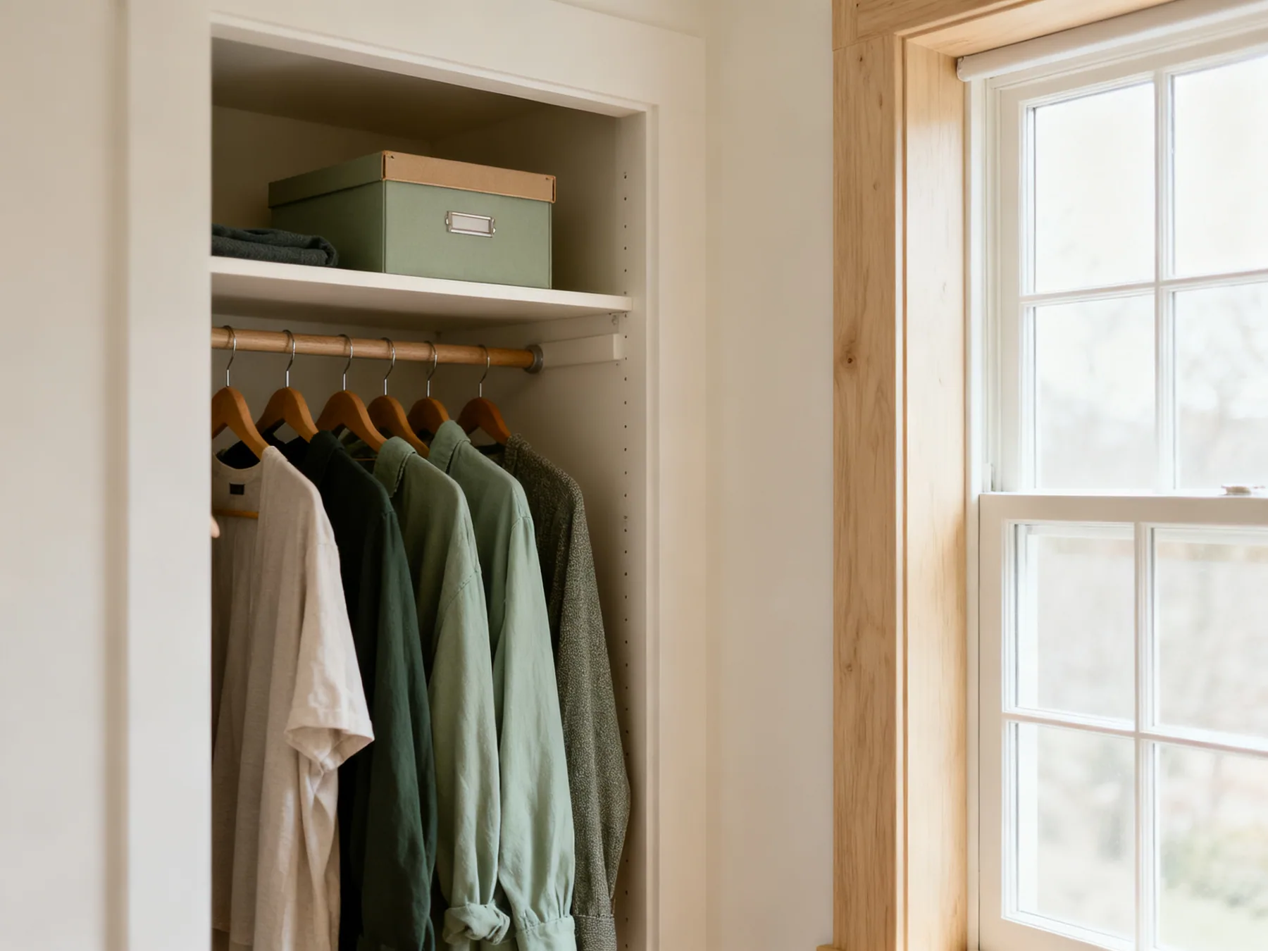 A small closet cannot hold a full year A small closet holding a modest number of garments with space between them and a labelled off-season box on the shelf above