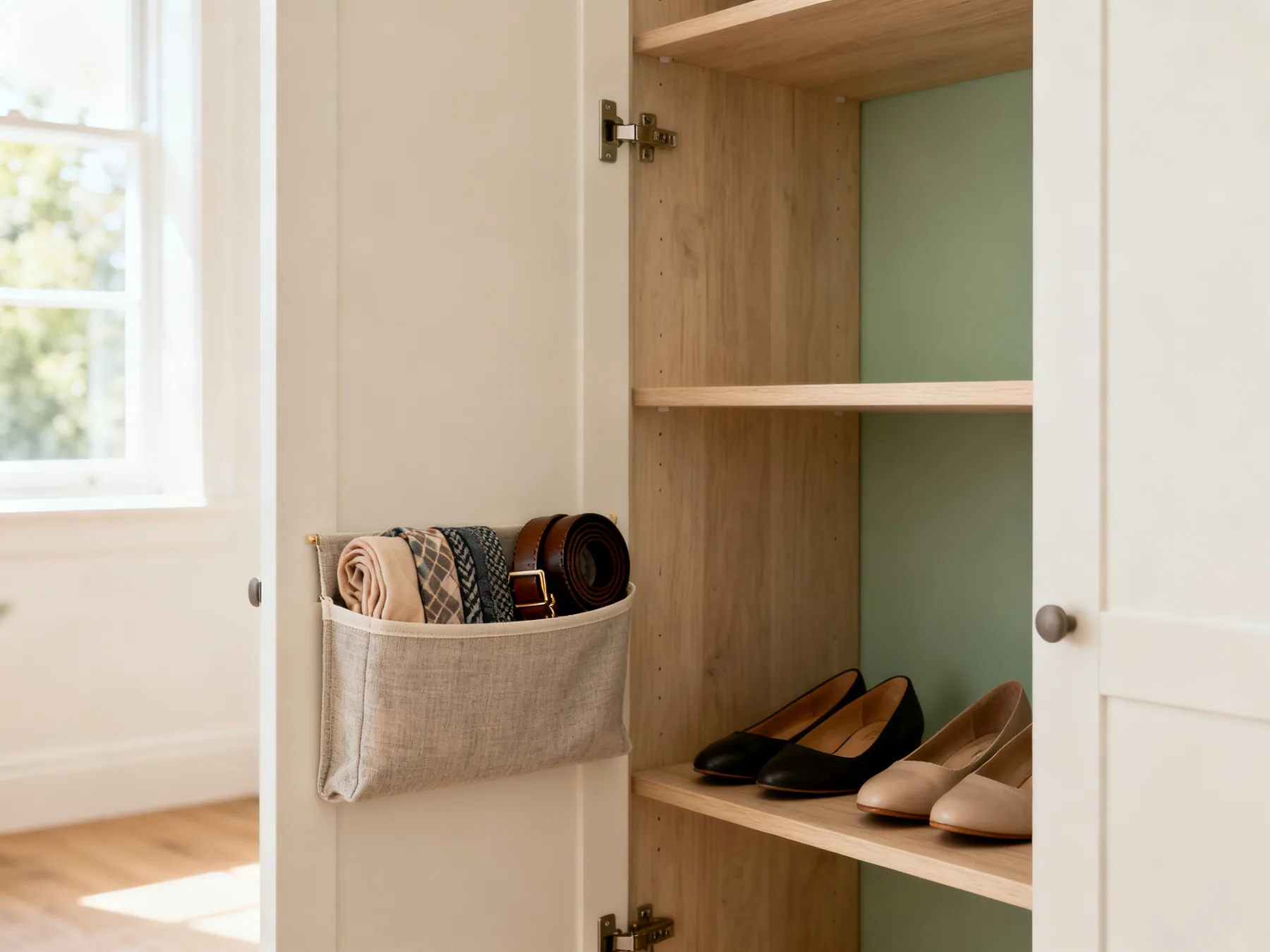 A door organiser using about 50mm of depth A slim fabric pocket organiser hanging on the inside of a closet door, holding scarves, belts and flat shoes in shallow compartments