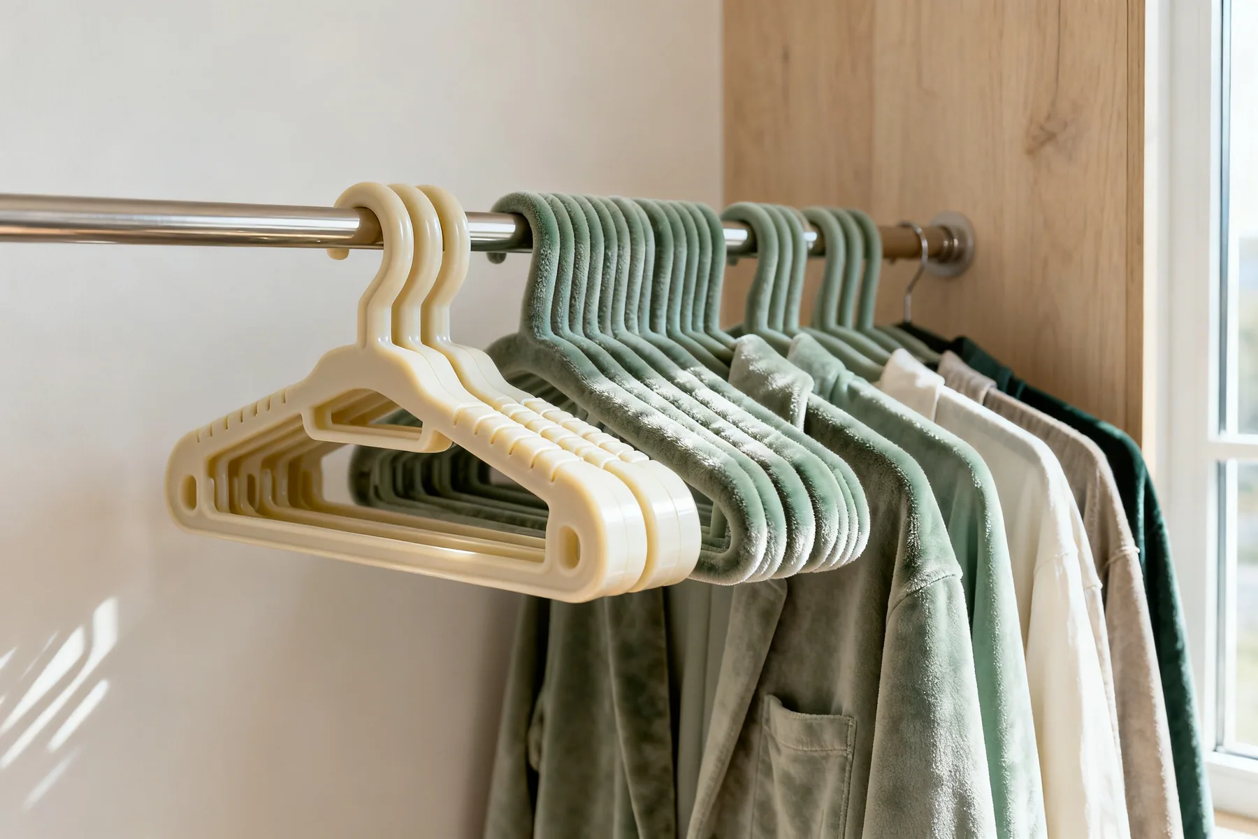 The hangers are costing you rail Chunky plastic hangers on a rail beside slim velvet-flocked ones, the flocked section holding more garments in the same length