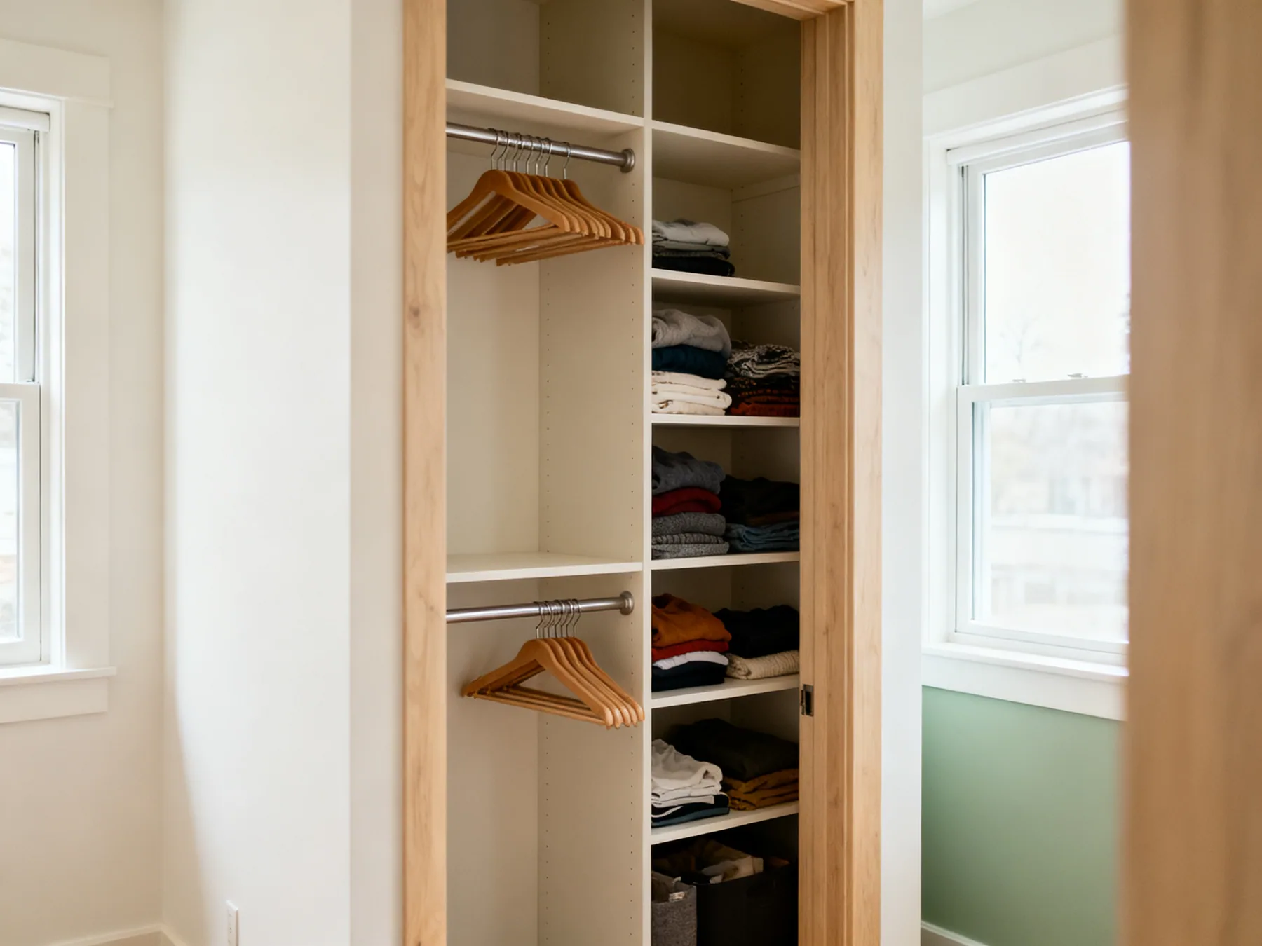 Divide the height, then divide the width A narrow closet with two stacked hanging rails on one side and a column of shelves on the other